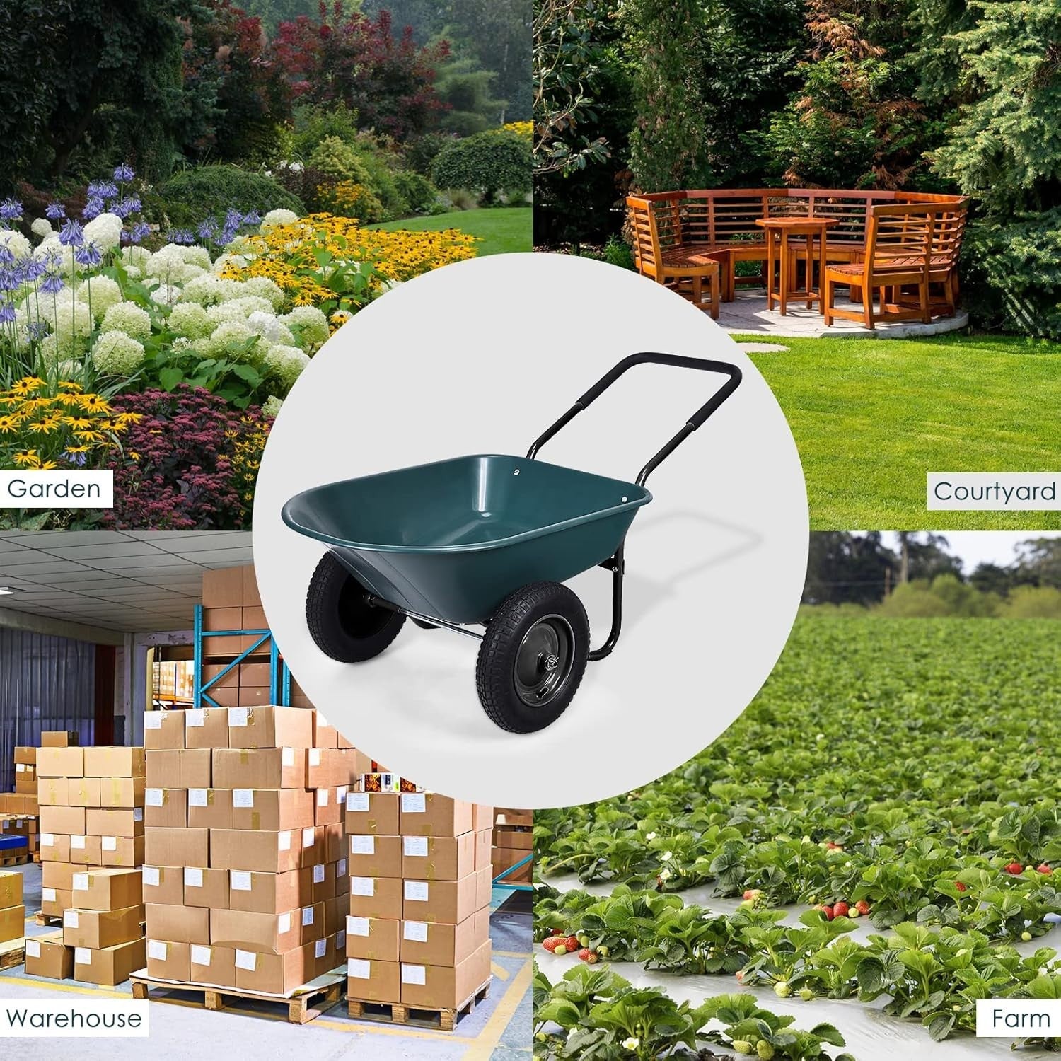 150kg 2-Wheel Garden Green Wheelbarrow – Pneumatic Tyres Heavy Duty Steel Frame