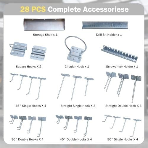 Silver Wall-Mounted Pegboard 120x60cm 28-Piece Tool Organizer Kit