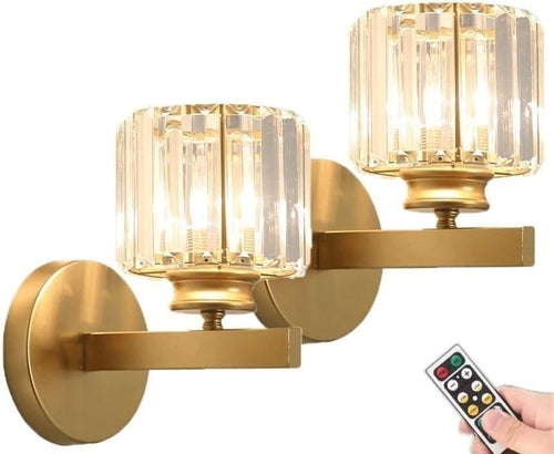 Cordless Gold Glass Wall Sconces Set of 2, Remote Dimmable Battery Lights
