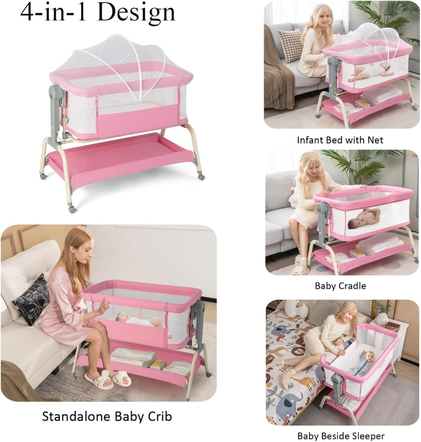4-in-1 Baby Bedside Crib with Adjustable Height, Mosquito Net & Storage Pink