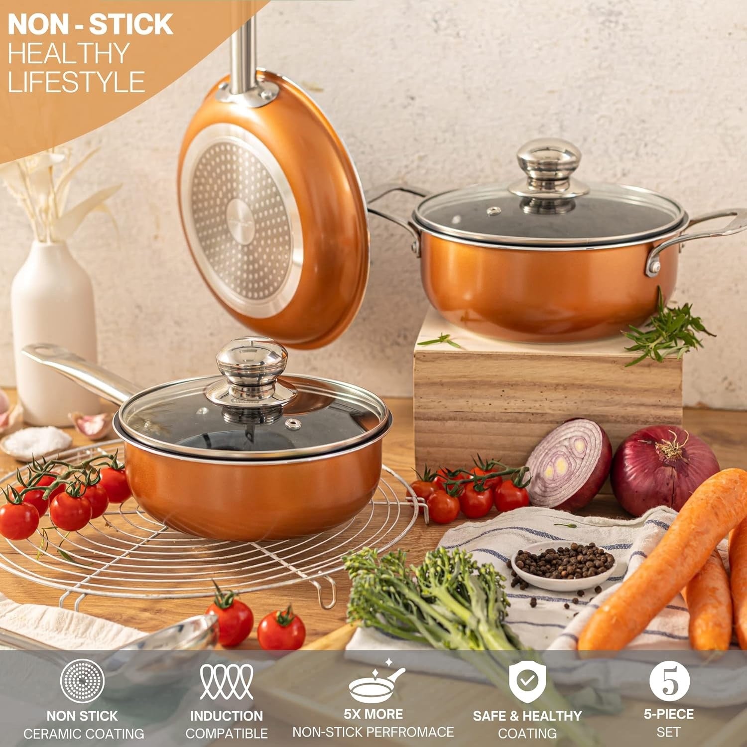 5pcs Copper Non Stick Cookware Set with Lids – Induction & Oven Safe Pots