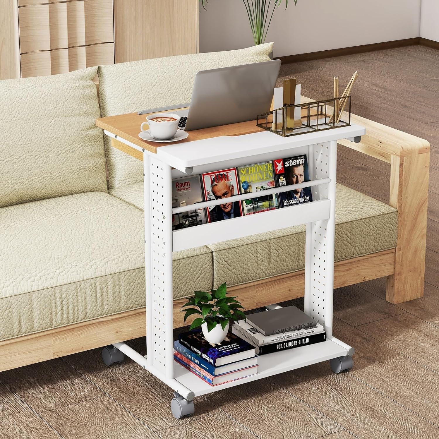 Rolling Laptop Desk with Wheels Tilt Top Storage Shelves Overbed Table