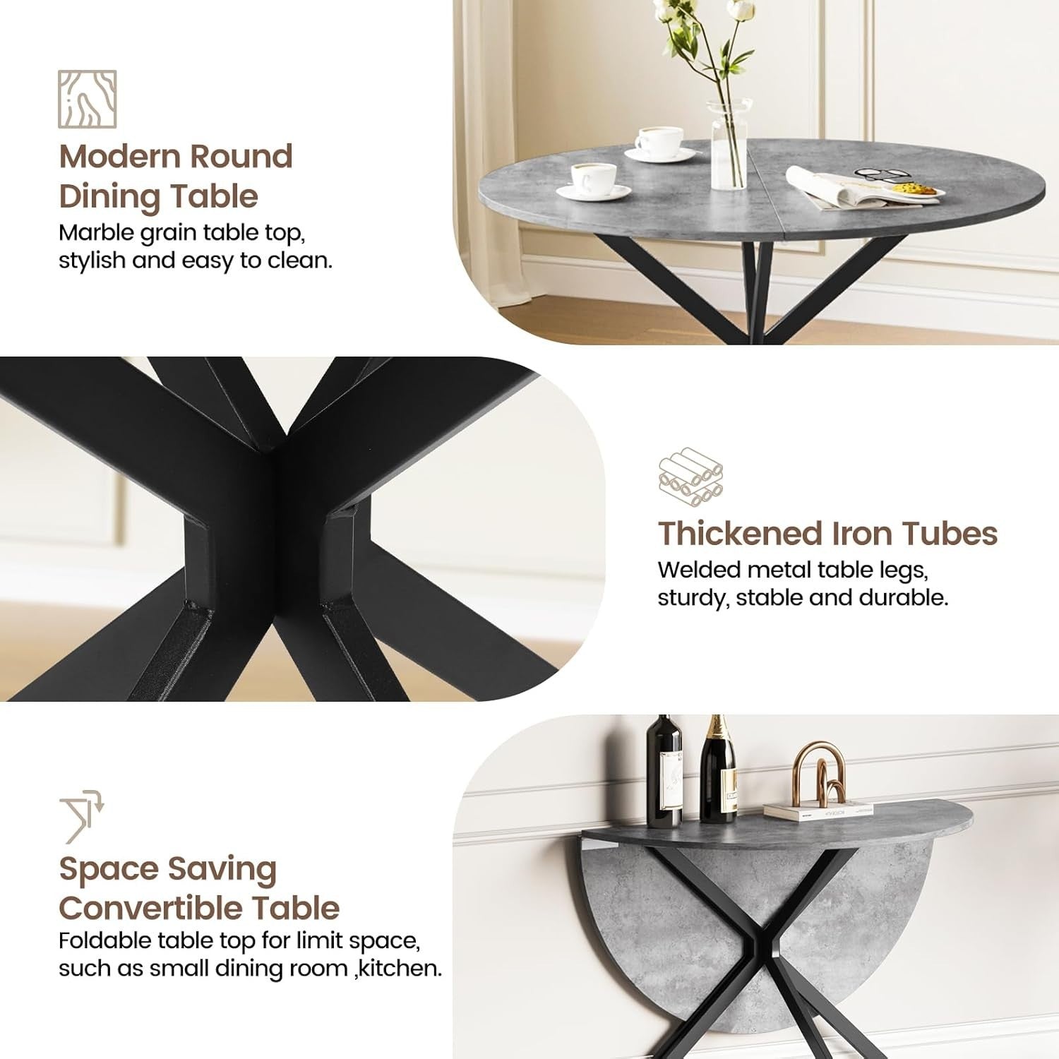 Folding Round Drop Leaf Dining Table Space-Saving Small Apartment Table