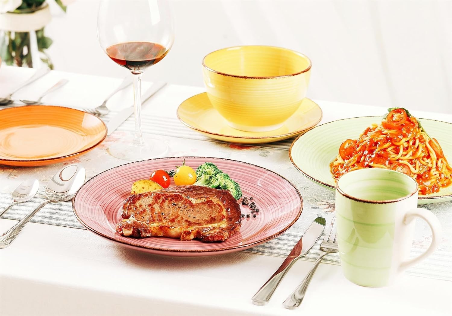 18pc Colourful Dinner Set Plates Bowls Hand Painted Stoneware Tableware
