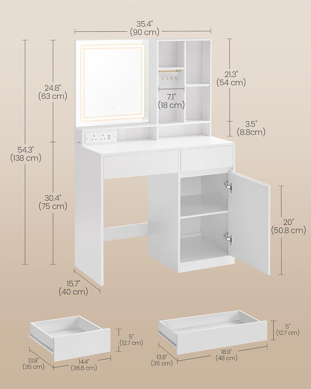 Vanity Dressing Table Desk w/ Lighted Mirror USB AC Outlet Storage Drawers