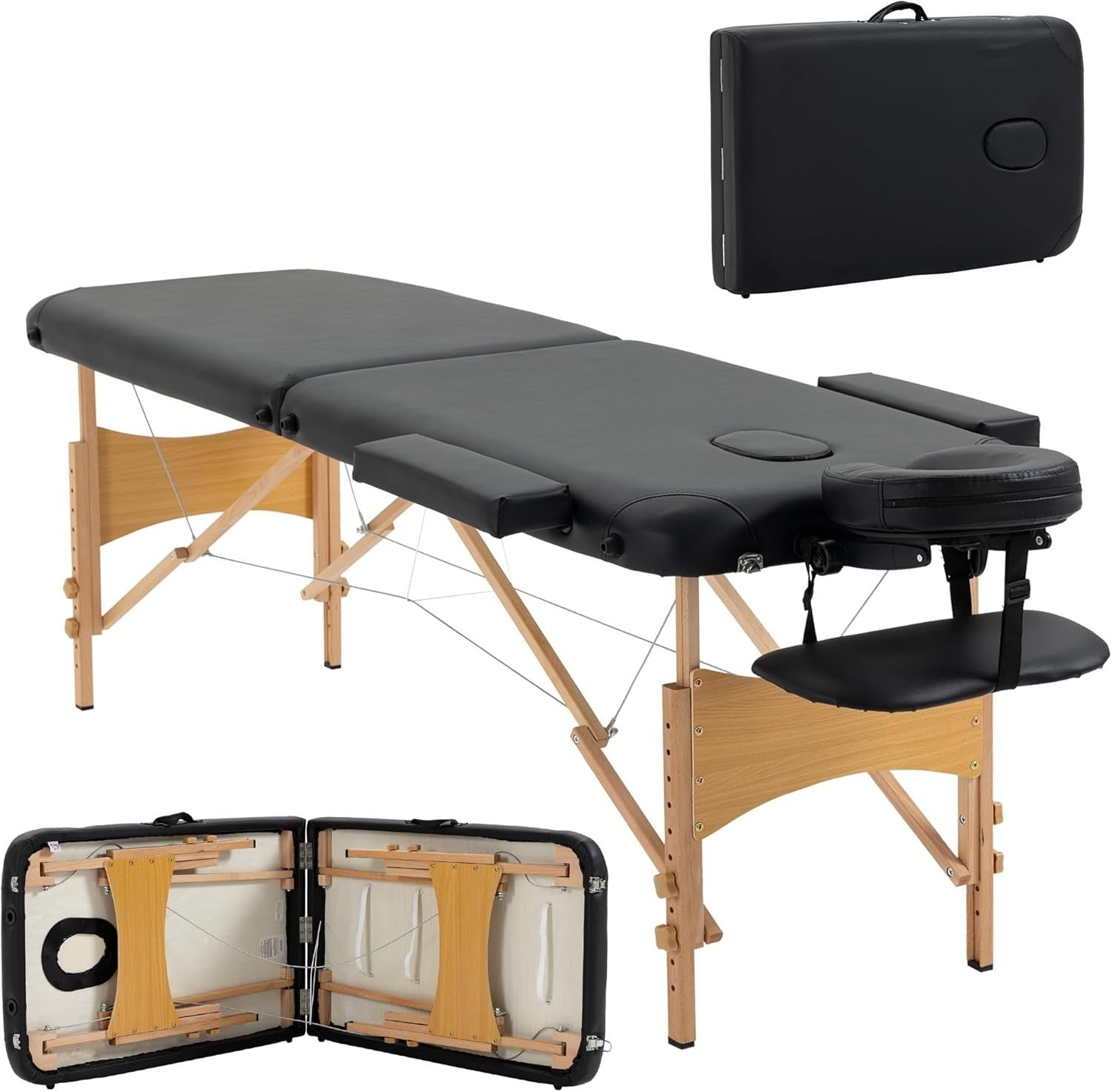 Portable Massage Table Folding 2-Section Wooden Beauty Spa Bed w/ Bag Black