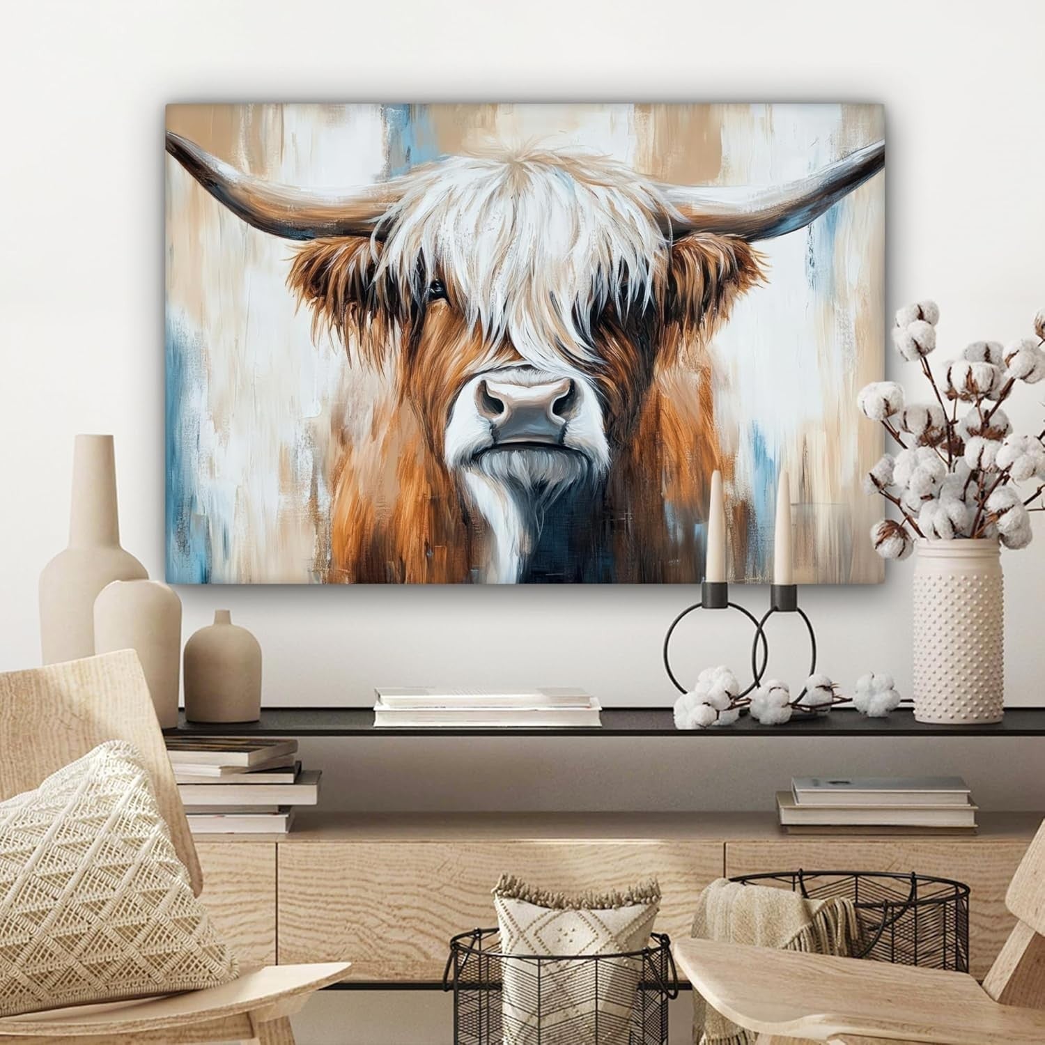 Highland Cow Canvas Wall 60x40cm Framed Rustic Farmhouse