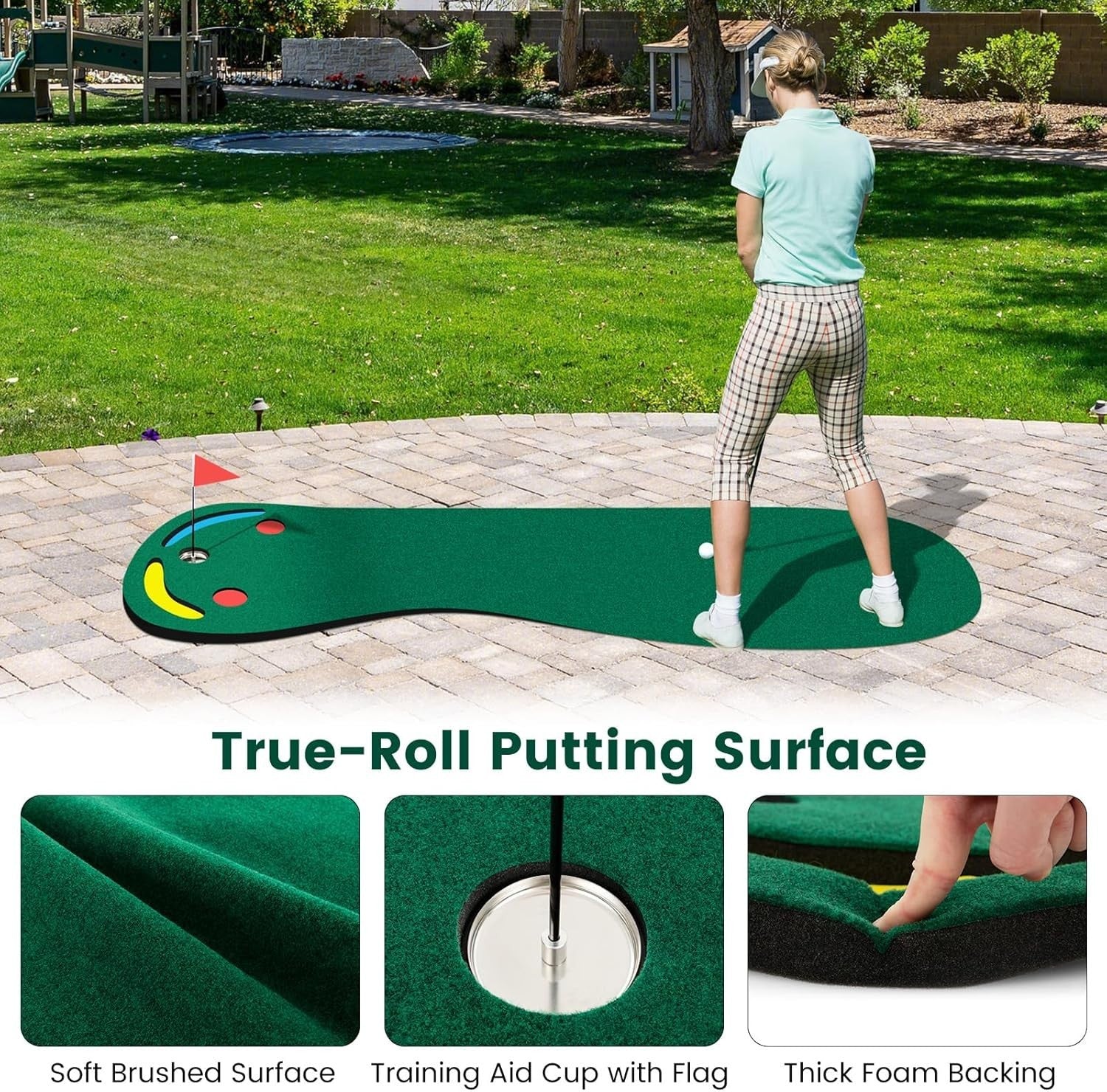 Golf Putting Green Mat Indoor Outdoor Training Set 3 Holes Flag Practice
