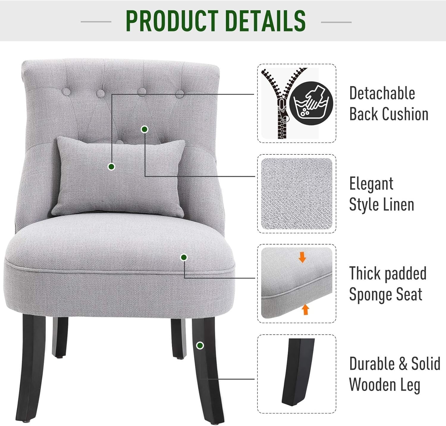 Grey Fabric Accent Armchair with Pillow Wooden Legs Lounge Chair