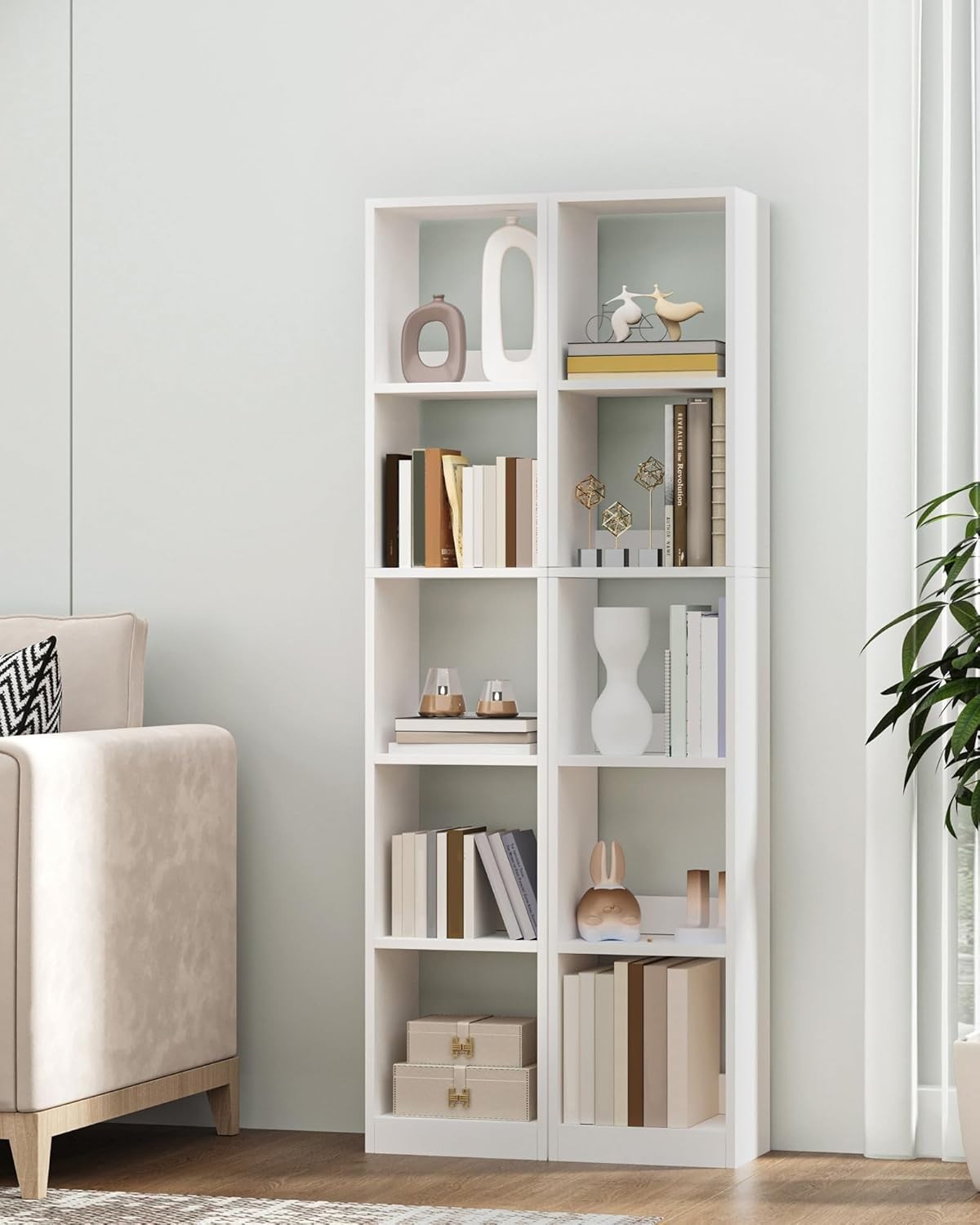 Modern 5-Tier White Wooden Bookshelf, Adjustable Shelves, 24x30x153 cm