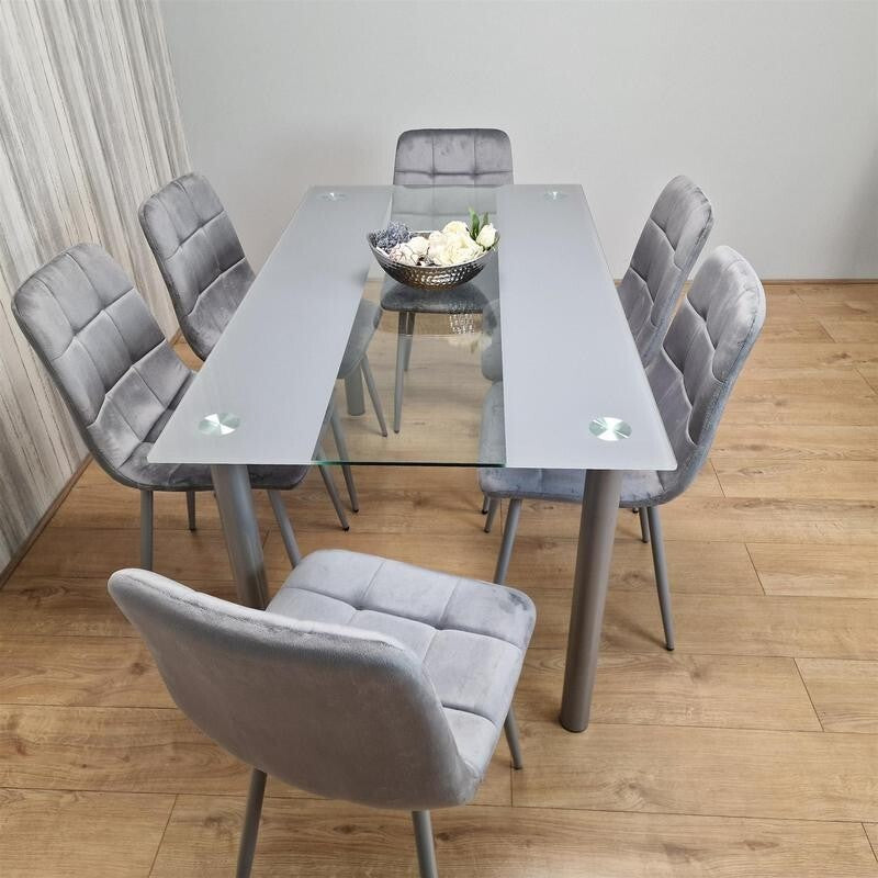Glass Dining Table Set with 6 Grey Velvet Chairs Modern Kitchen 140cm
