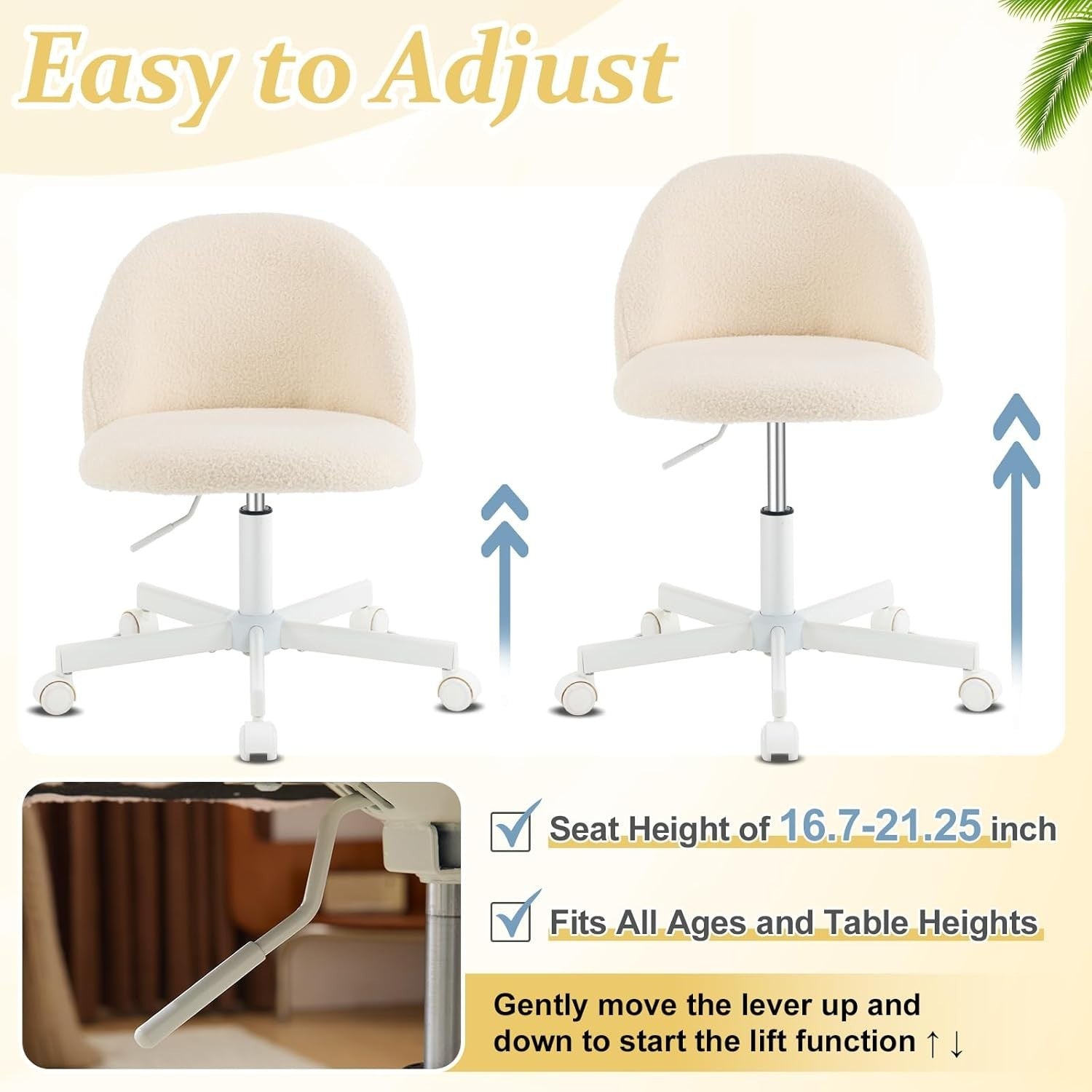 Cream Beige Swivel Desk Chair Small Faux Fur Adjustable Vanity Office Seat