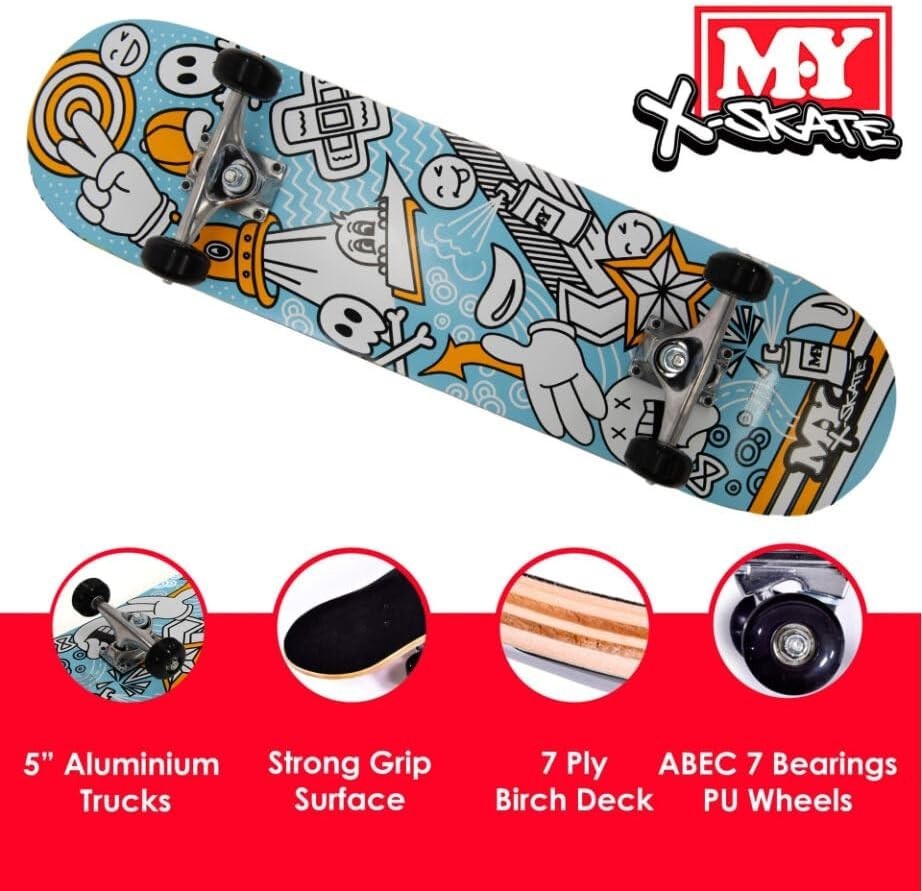 31" Blue Sketch Beginner Skateboard | Double Kick Maple Deck | Kids & Teens