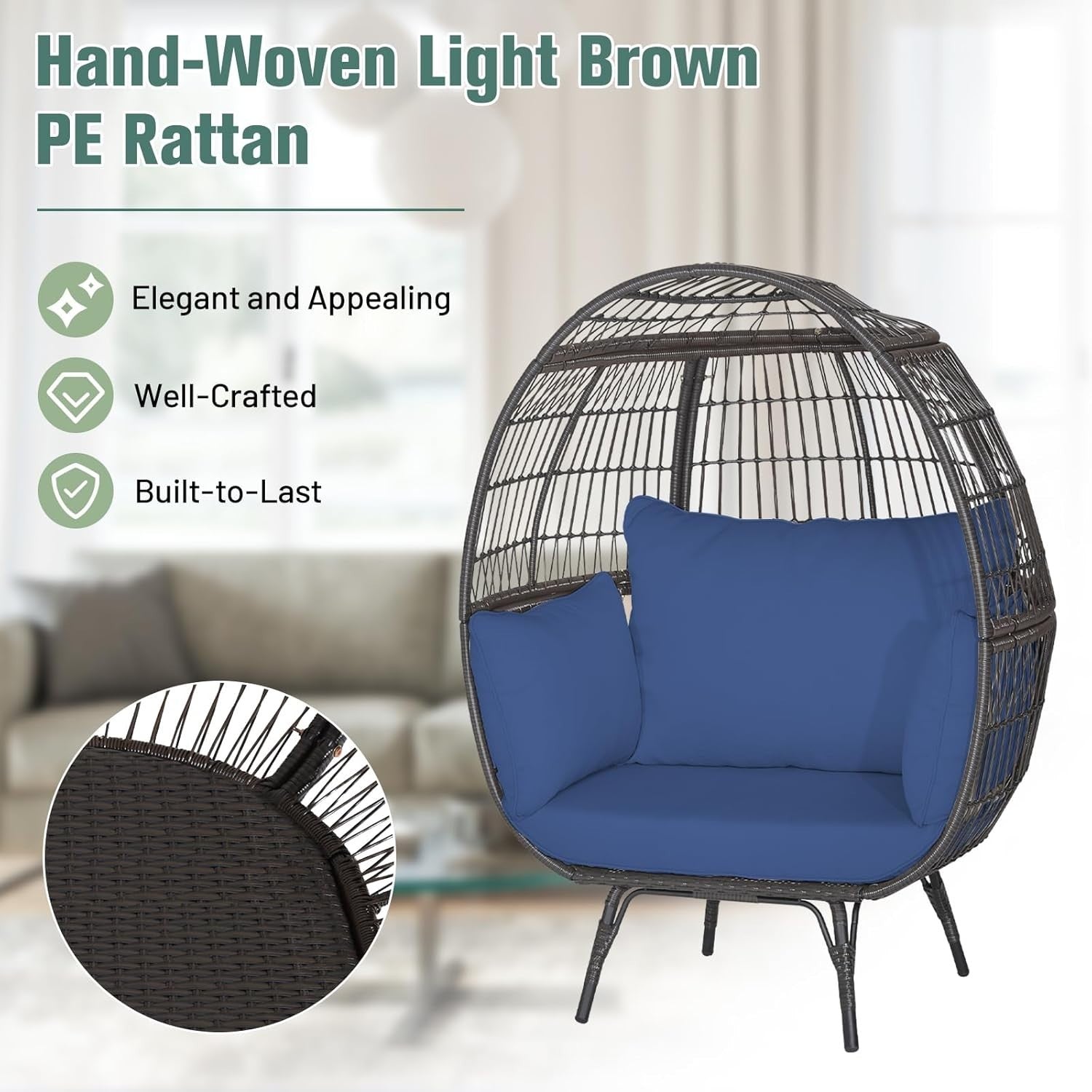 Navy Two Seater Rattan Egg Chair Oversized Cushioned Freestanding Lounger