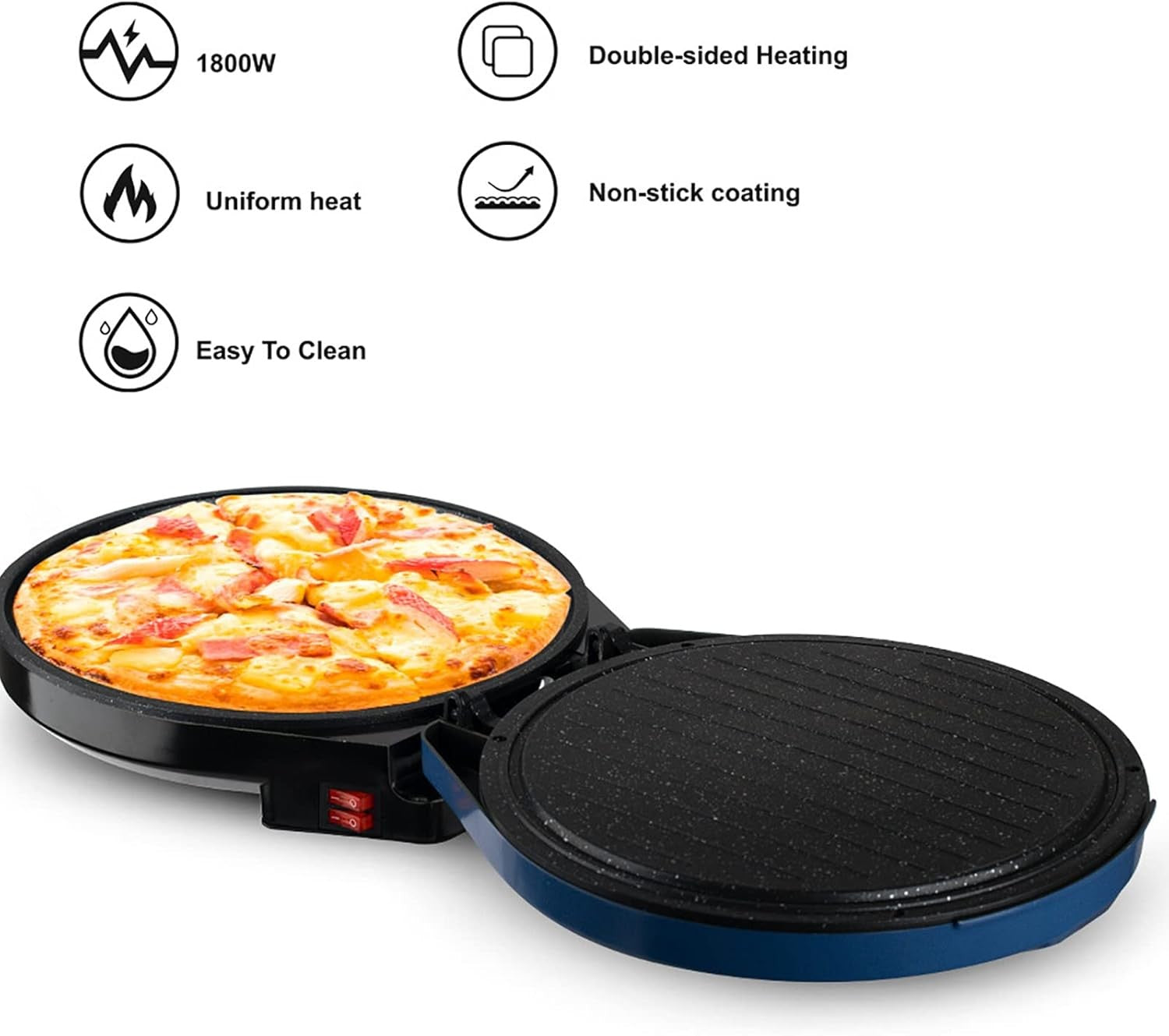 Electric Pizza & Calzone Maker 1800W | Double-Sided Non-Stick Pan, Easy Clean, F
