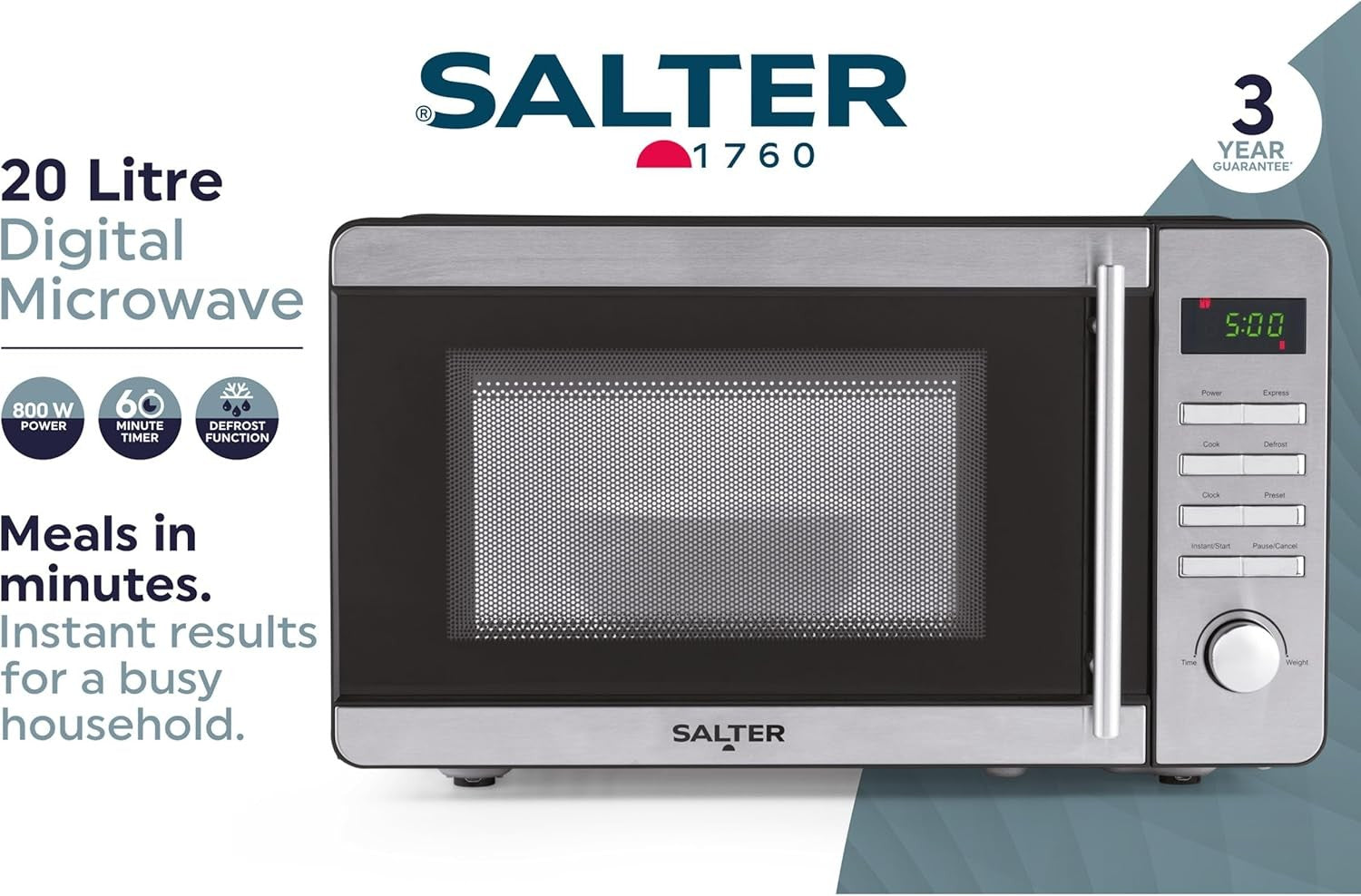 Salter EK5746 20L Digital Microwave 800W Stainless Steel, 60-Min Timer