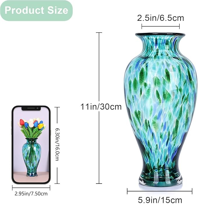 Hand Blown Glass Vase Tall 30cm Turquoise Art Flower Vase Table Centerpiece