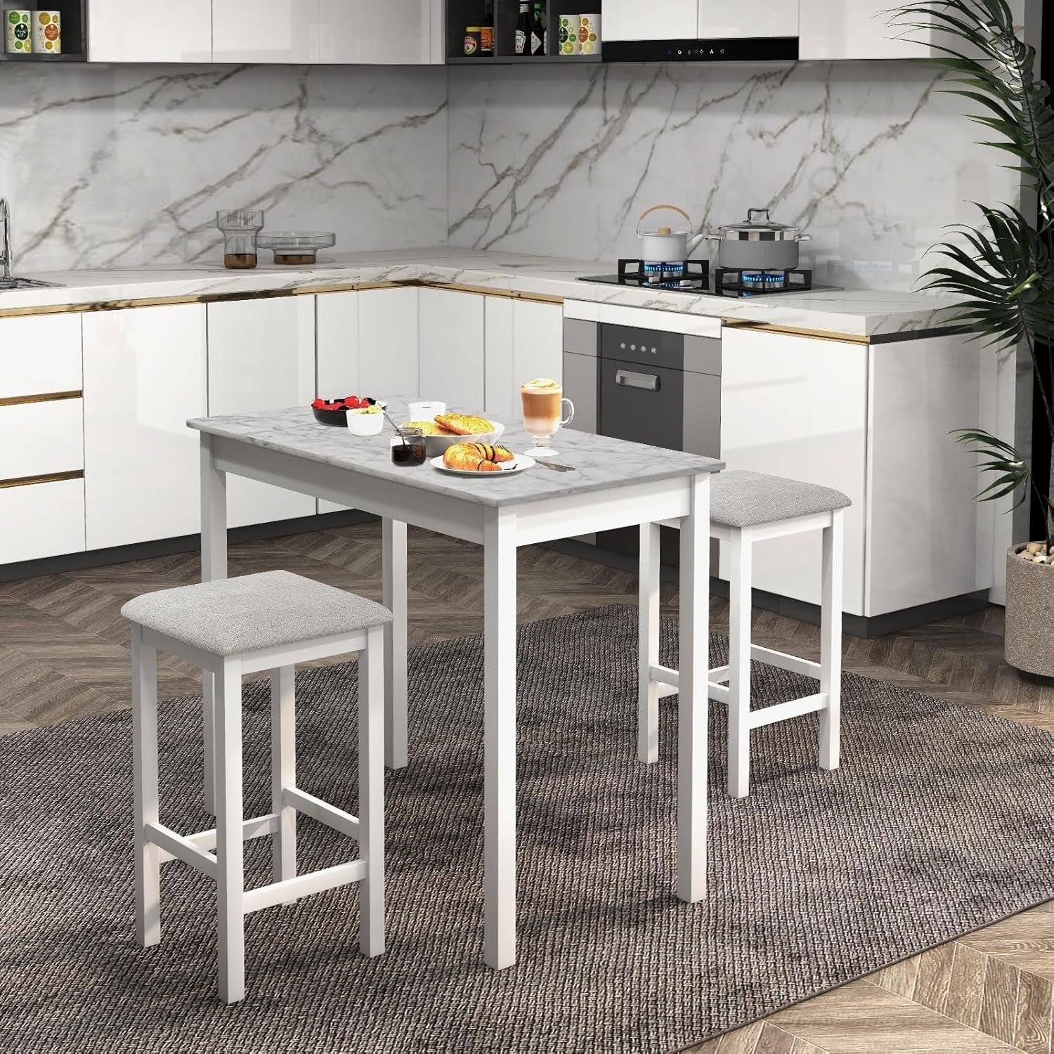 3PCS Dining Table Set Bar Table Faux Marble Top with 2 Padded Stools White Grey