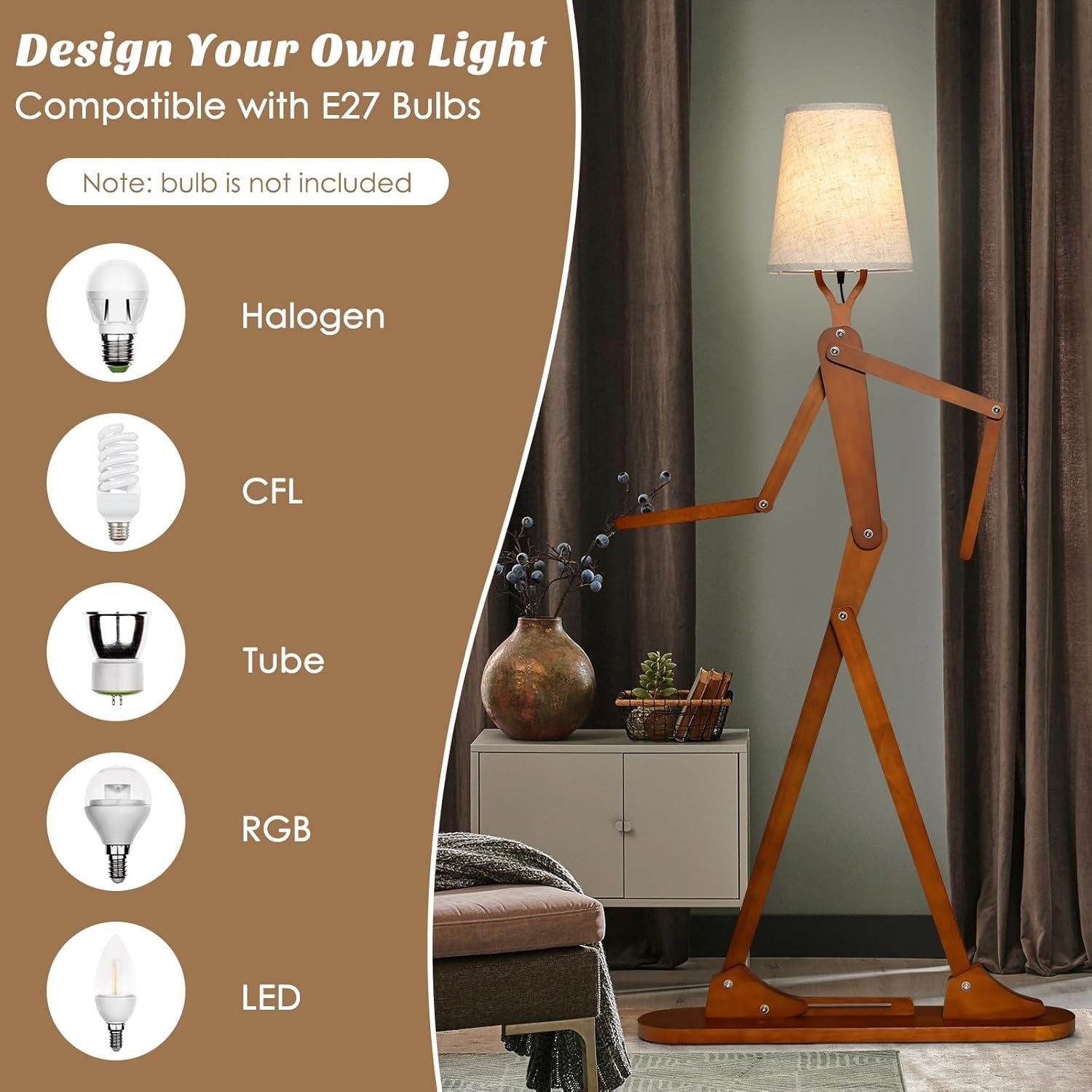 Wooden Floor Lamp Adjustable Joints Fabric Shade Creative Standing Light