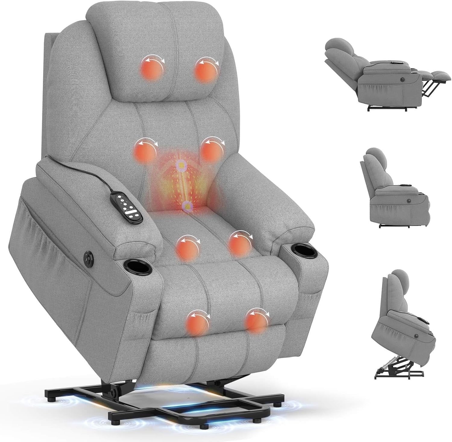 Power Lift Recliner Chair Massage Heat USB Type-C Cup Holders Fabric Grey