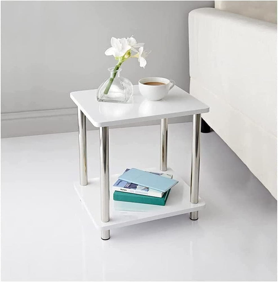 Small White High Gloss Side Table 2 Tier Storage Nightstand Living Room