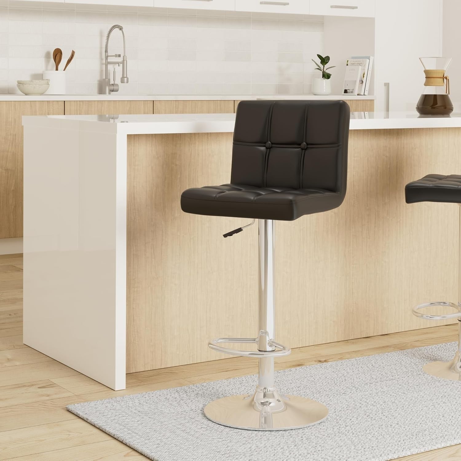 Adjustable Black PU Leather Bar Stools Set of 2 | Swivel Counter Chairs