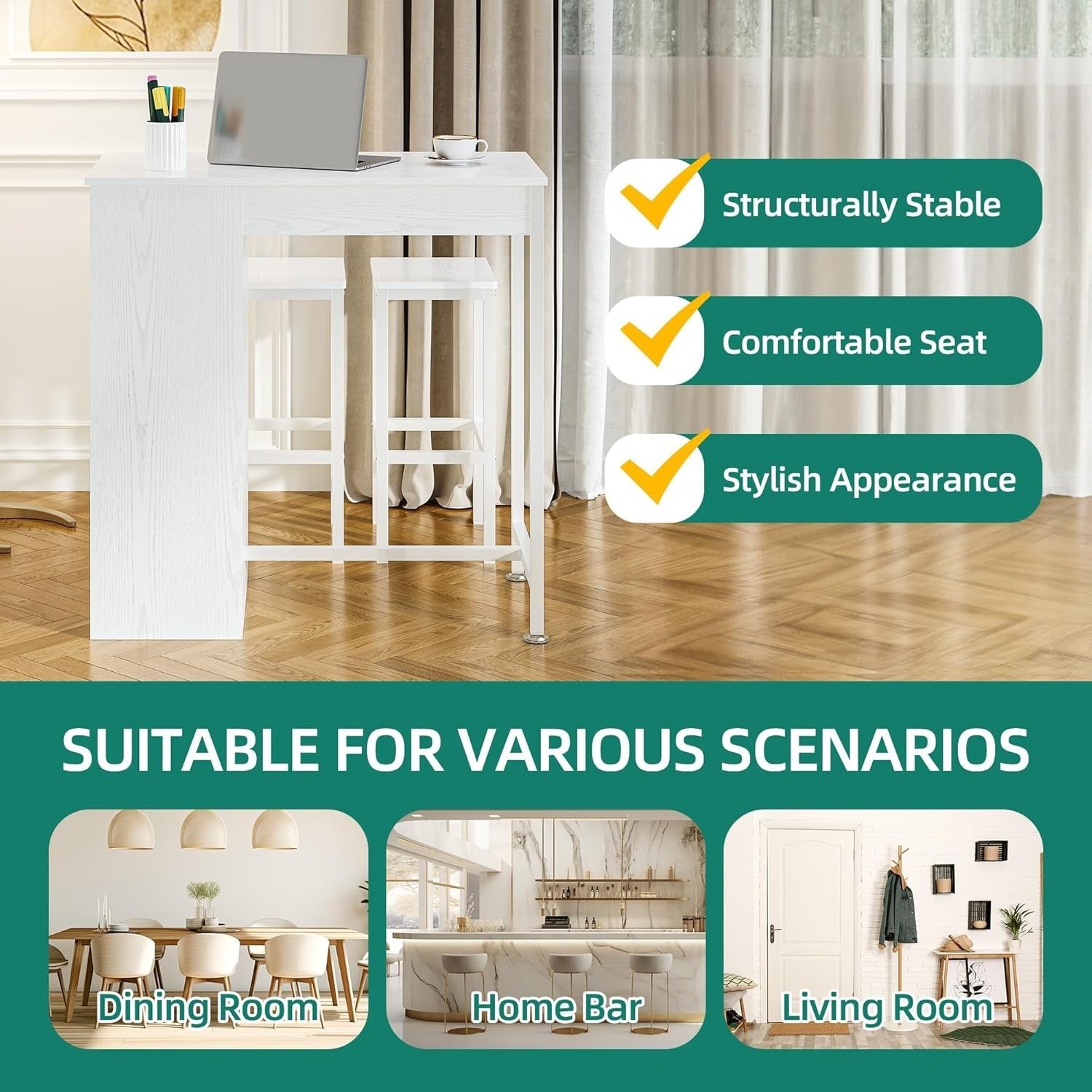 White Breakfast Bar Table Set with Storage Shelves & 2 Stools Space Saving