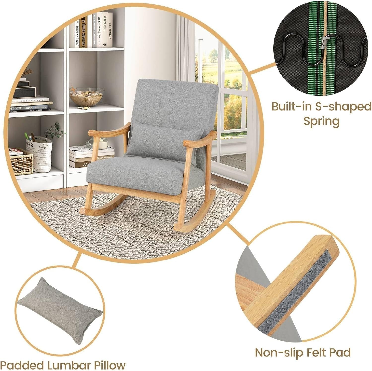Rocking Lounge Chair Soft Cushions Lumbar Pillow Recliner 78x66x83cm