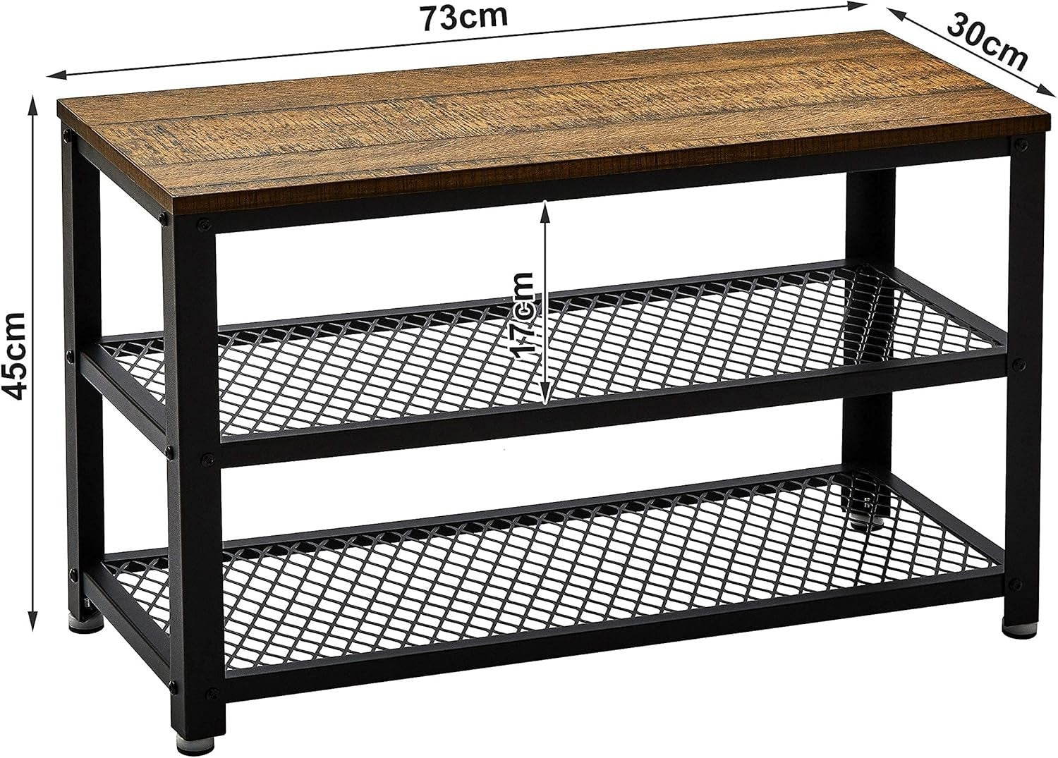 Rustic Brown Shoe Storage Bench with 2 Shelves – Industrial Metal Hallway Unit