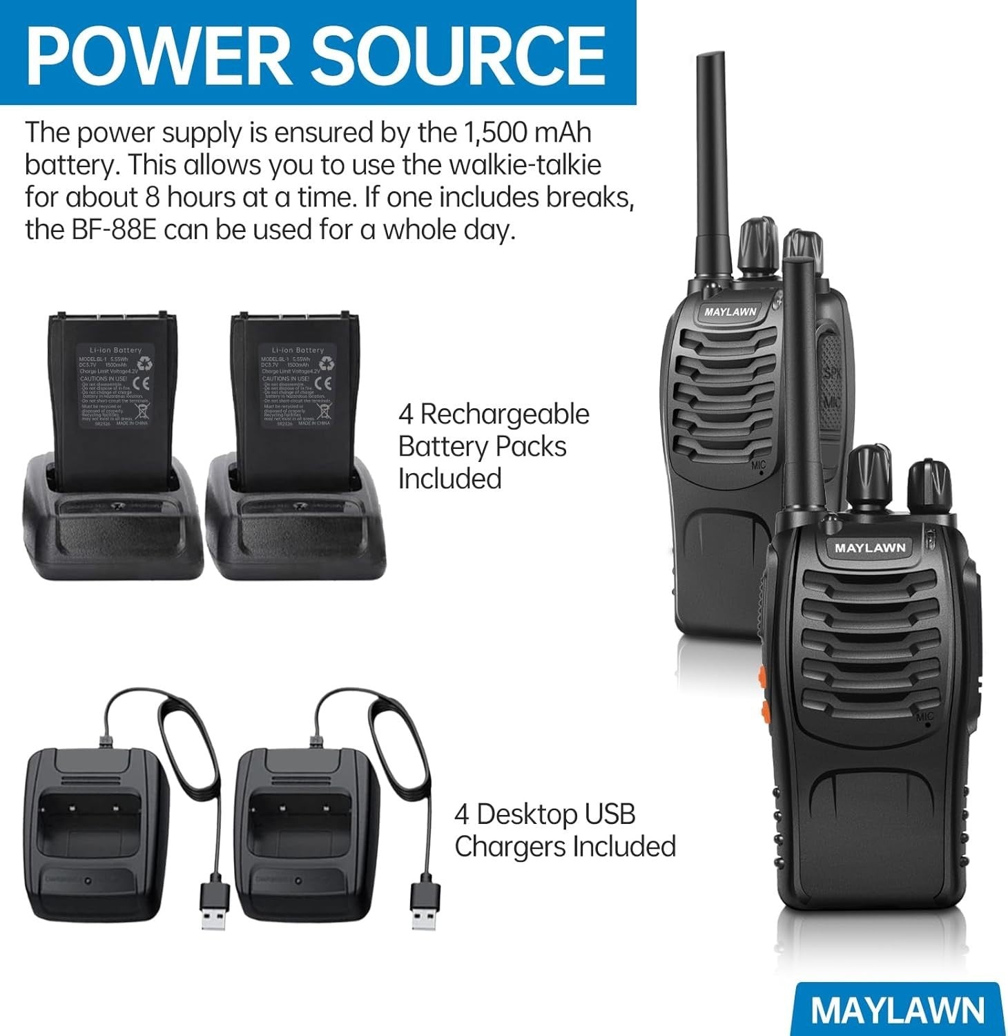 Long Range Walkie Talkies 4 Pack Rechargeable 2 Way Radios VOX PMR446