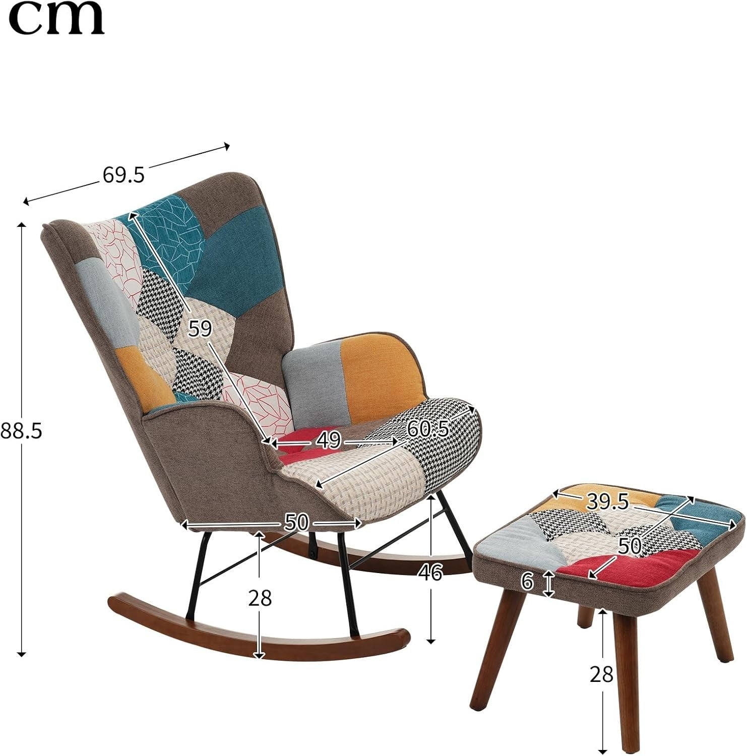 Modern Rocking Chair w/ Footstool, Patchwork, Foam Seat, Iron + Wood Base