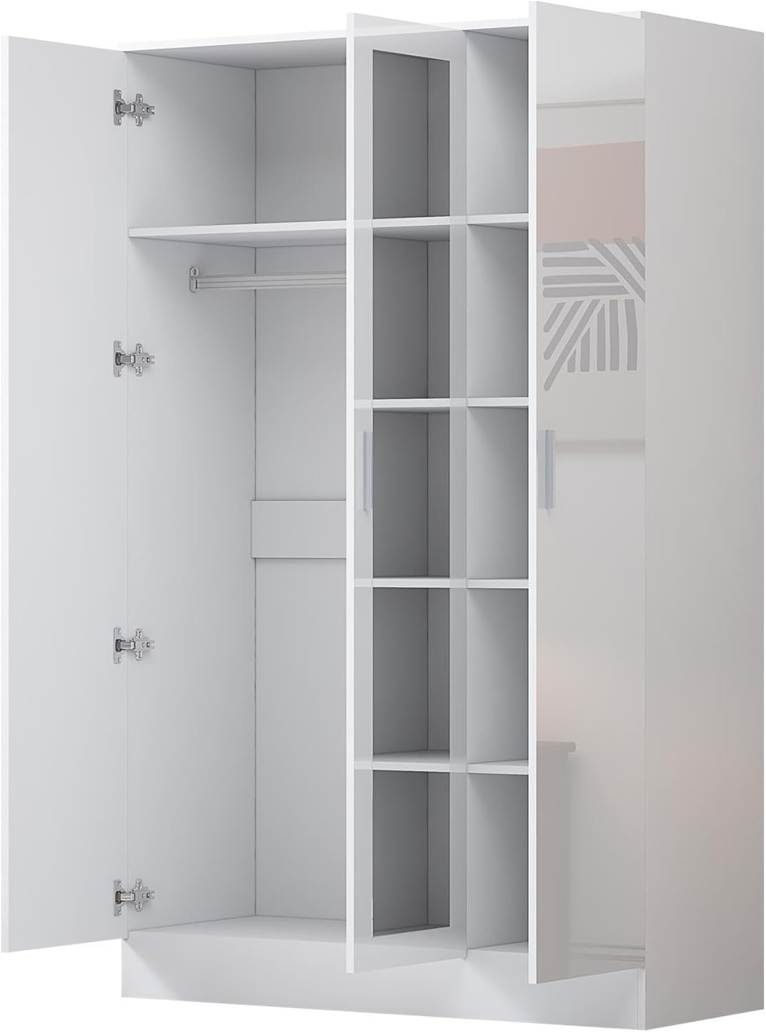 3 Door Mirrored Wardrobe White Gloss with Hanging Rail & 4 Shelves Storage