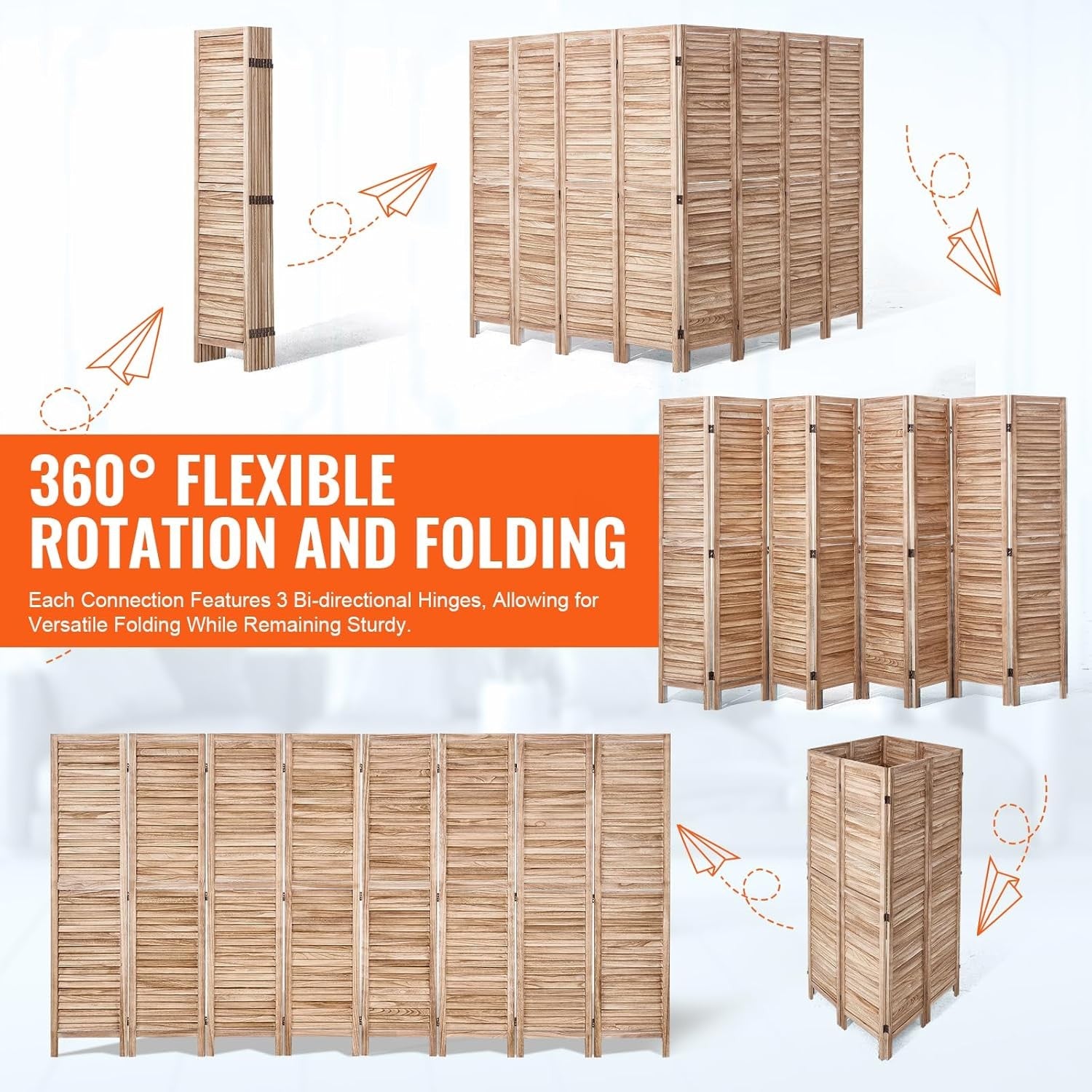 8 Panel Natural Wood Folding Room Divider Privacy Screen 320x170cm