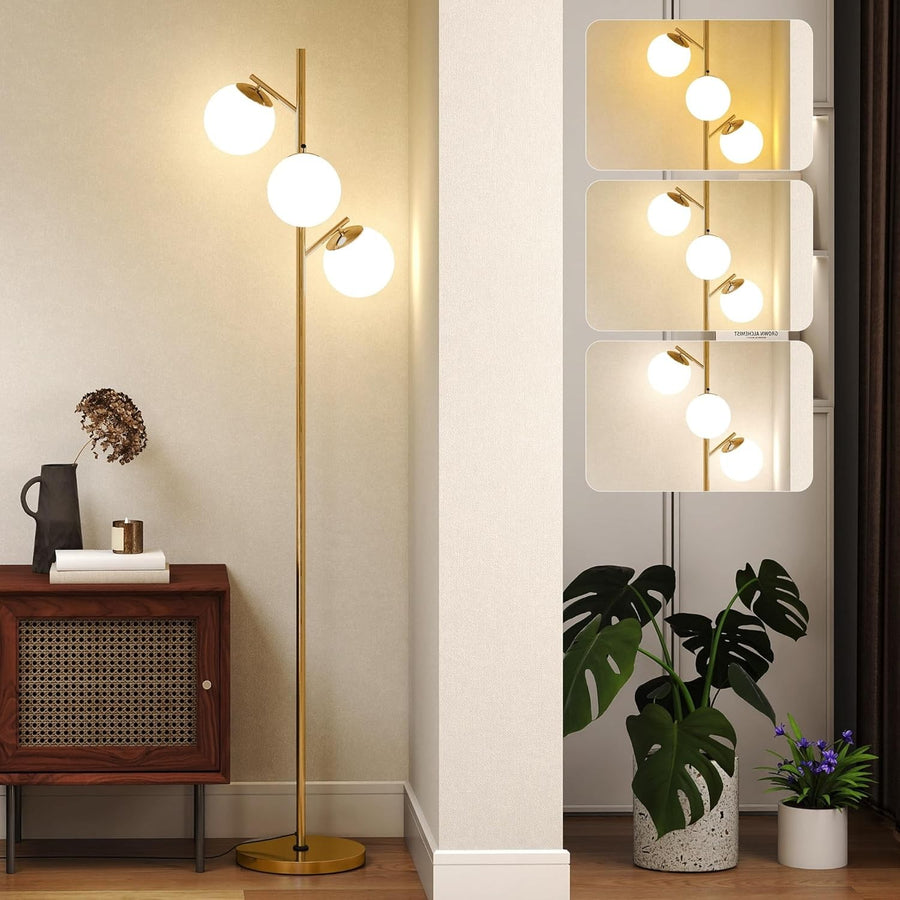 3 Light Tree Floor Lamp LED Globe Shades Gold Standing Lamp Living Room