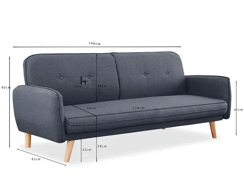 Charcoal 3 Seater Fabric Sofa Bed Tufted Back Clic Clac Natural Wood Legs