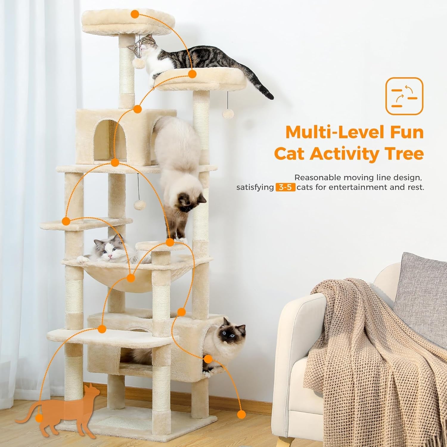 Large Cat Tree 184cm Extra Tall Multi Level Tower With Dual Condos & Perches