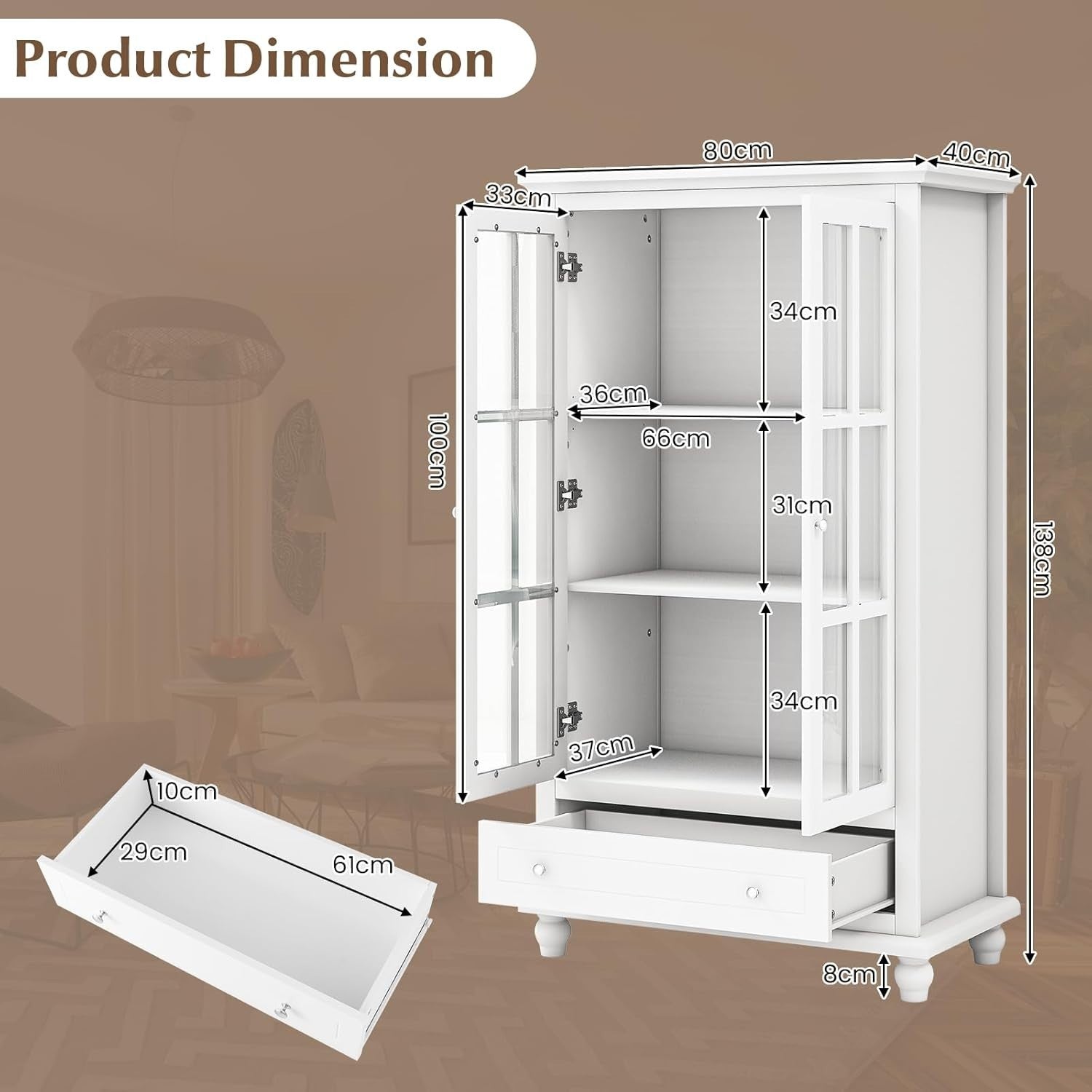 Modern White Wooden Bookcase with Tempered Glass Doors & Drawer