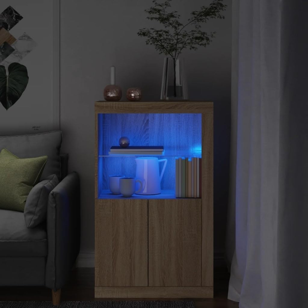 Modern Sonoma Oak Side Cabinet with LED Lights & Glass Shelf – Stylish Storage