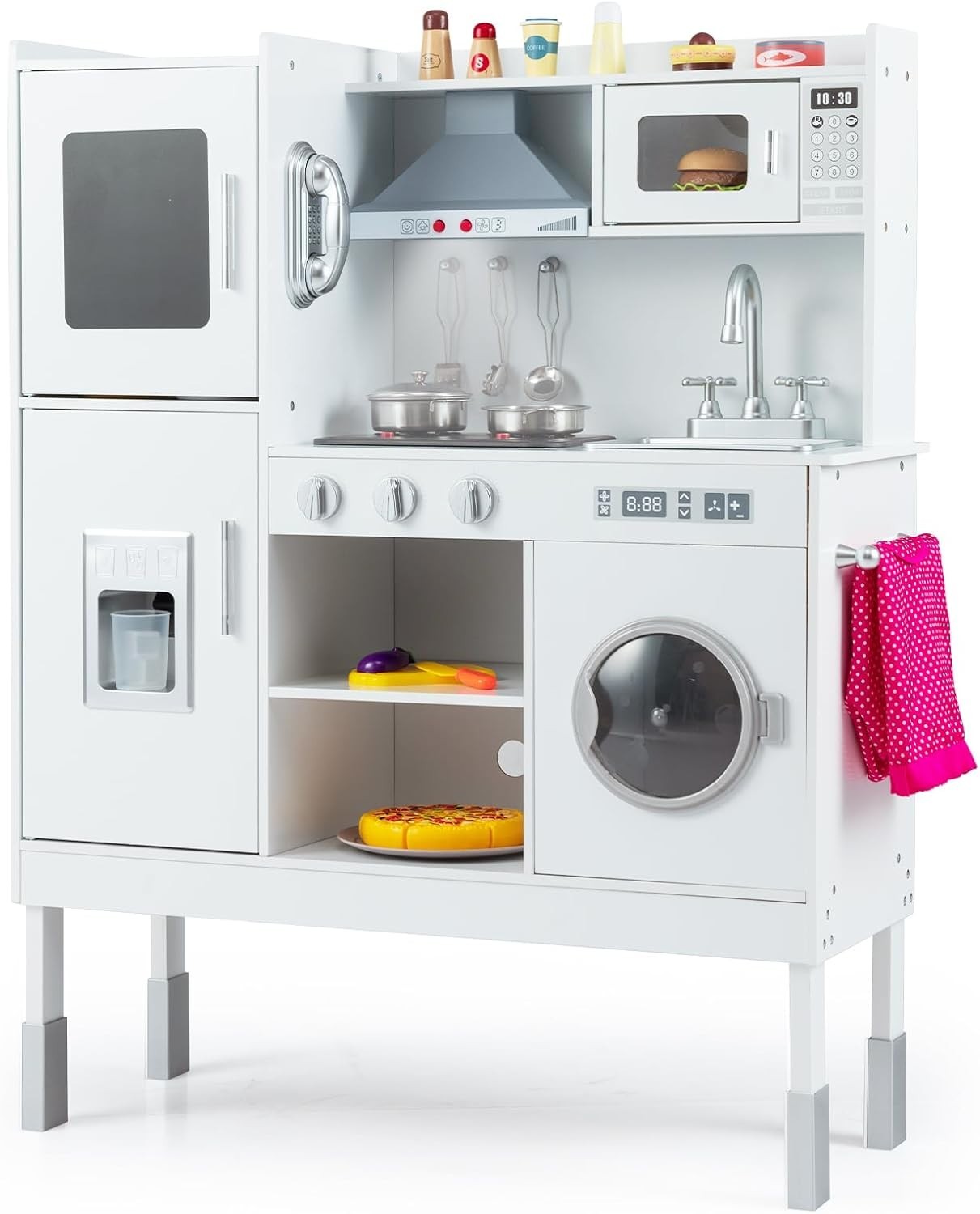 Adjustable Wooden Kids Play Kitchen White w/ Lights Sounds Set