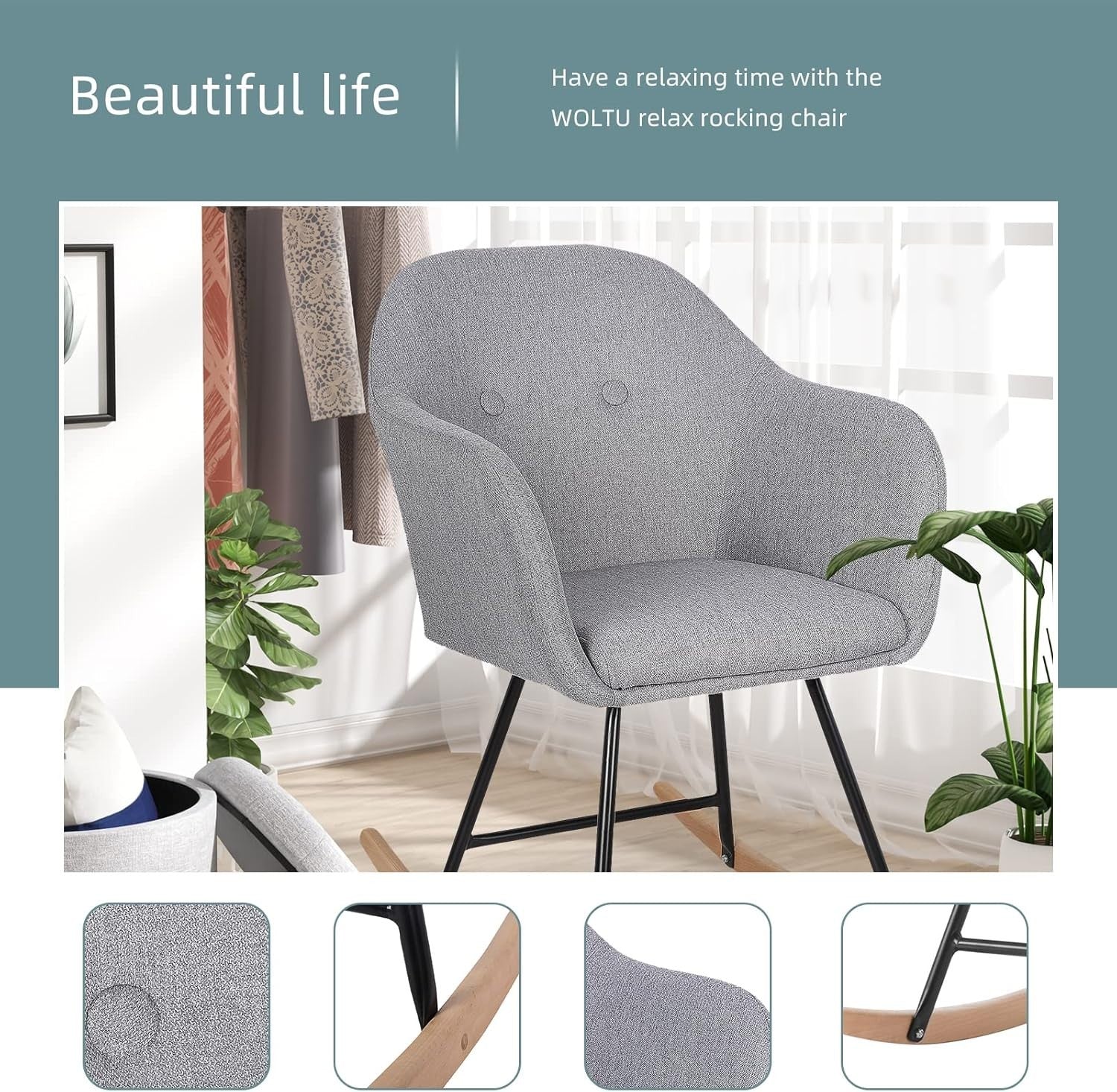 Padded Rocking Chair Armchair Linen Light Grey for Nursery Bedroom Lounge