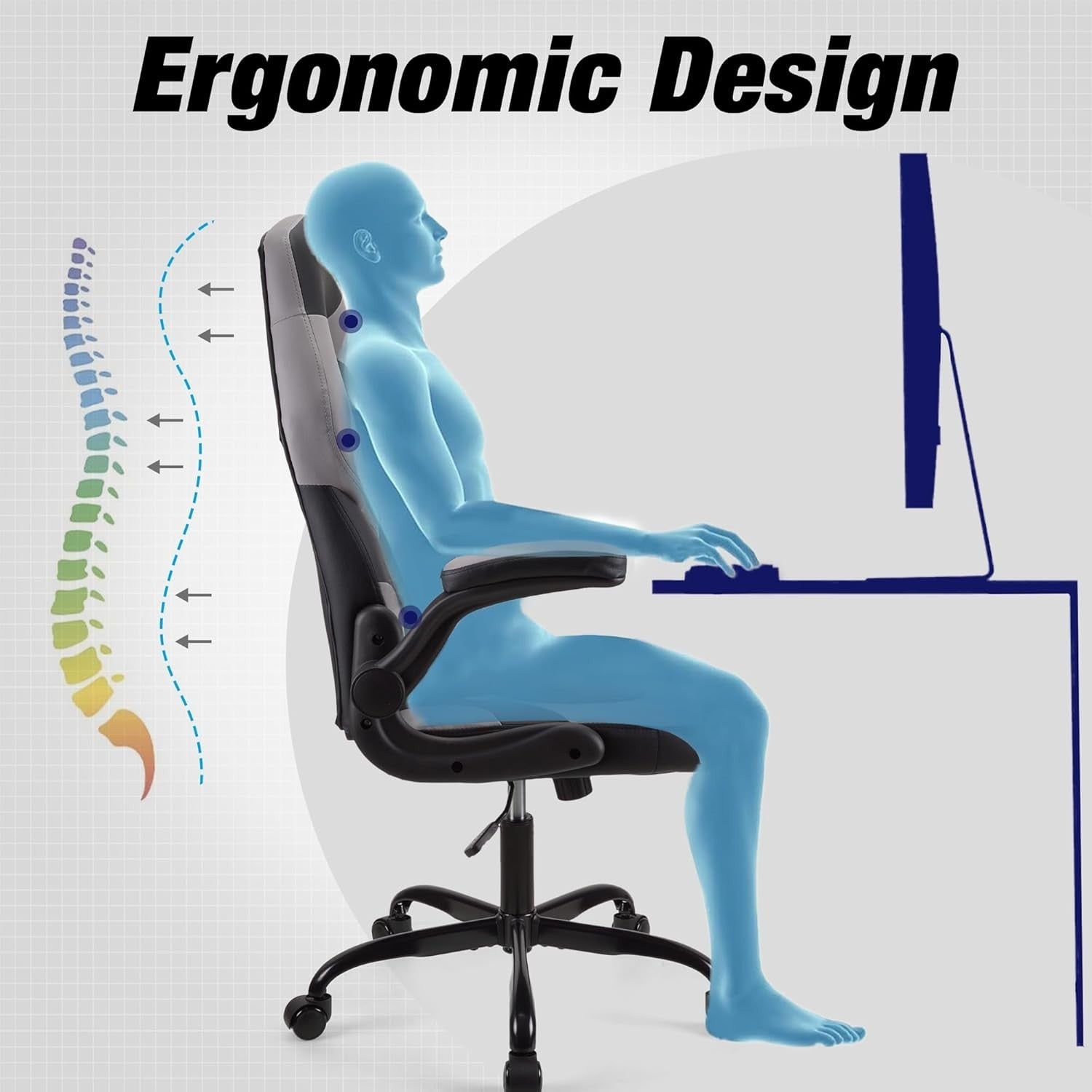 Ergonomic Grey Gaming Chair Office PC Desk Chair Adjustable Height Lumbar PU Lea