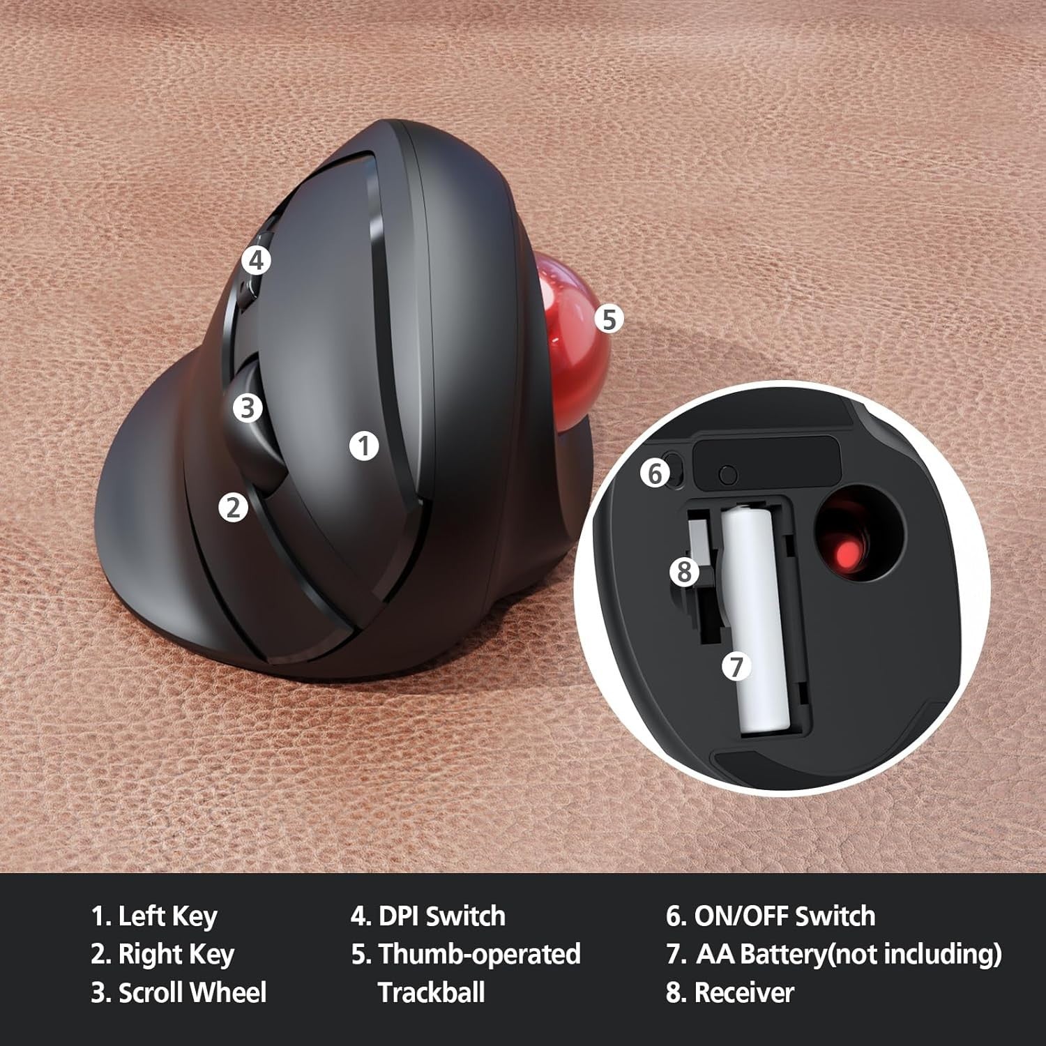 Wireless Ergonomic Vertical Trackball Mouse 3 DPI 2.4G USB PC Mac