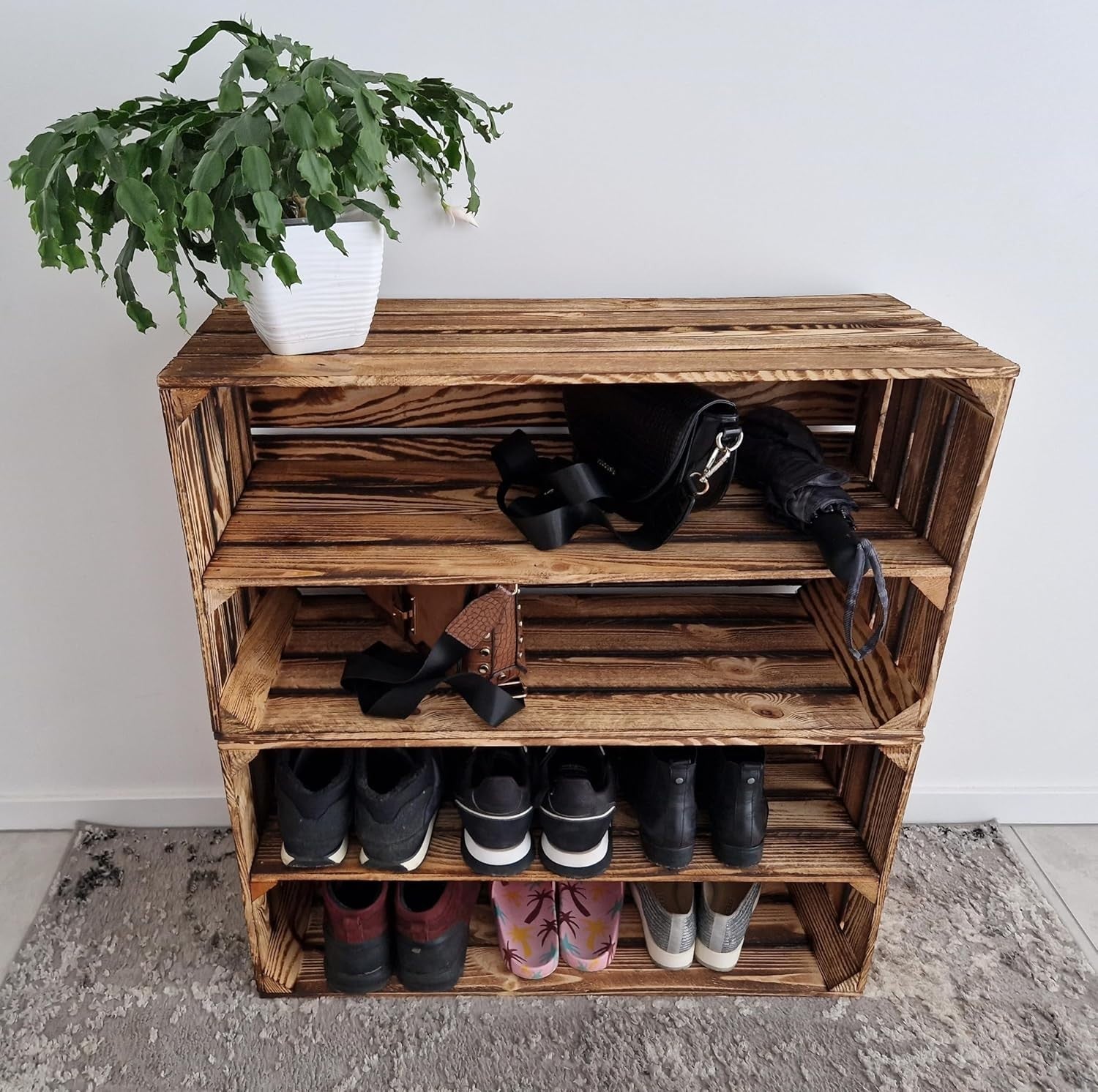 2 x Burnt Effect Wooden Crate with 1-Tier Shelf 40x30x75cm Rustic