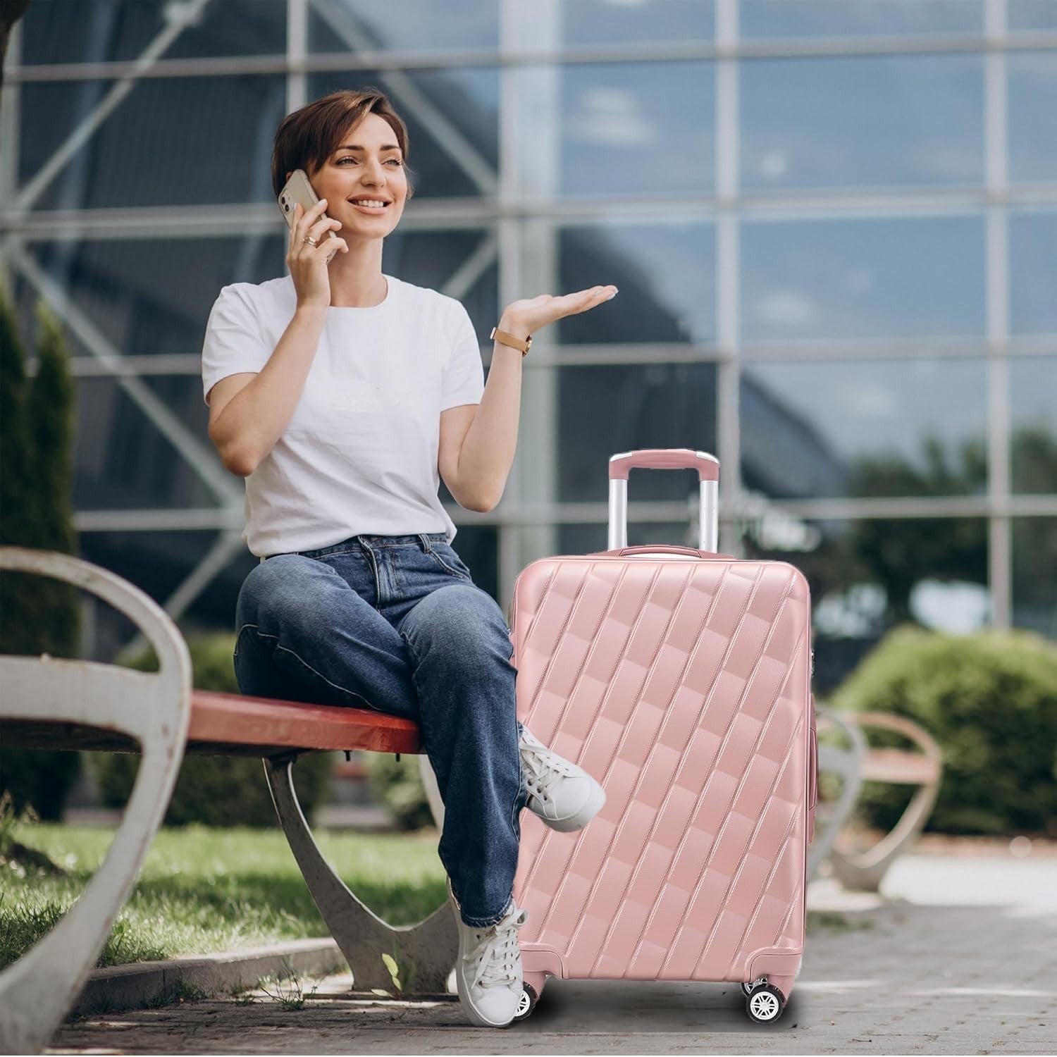 20 Inch Cabin Carry On Hard Shell Suitcase 4 Spinner Wheels Lock Rose Gold