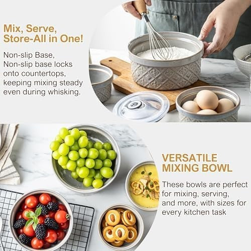Ceramic Mixing Bowls with Airtight Lids Nesting Salad Storage Set