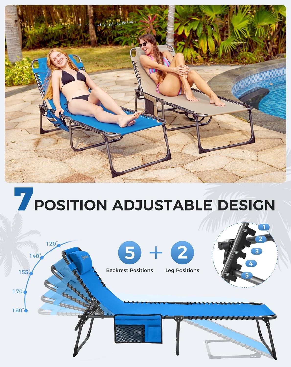 Folding Sun Loungers Set of 2 Adjustable Outdoor Garden Pool Patio Relax Chairs