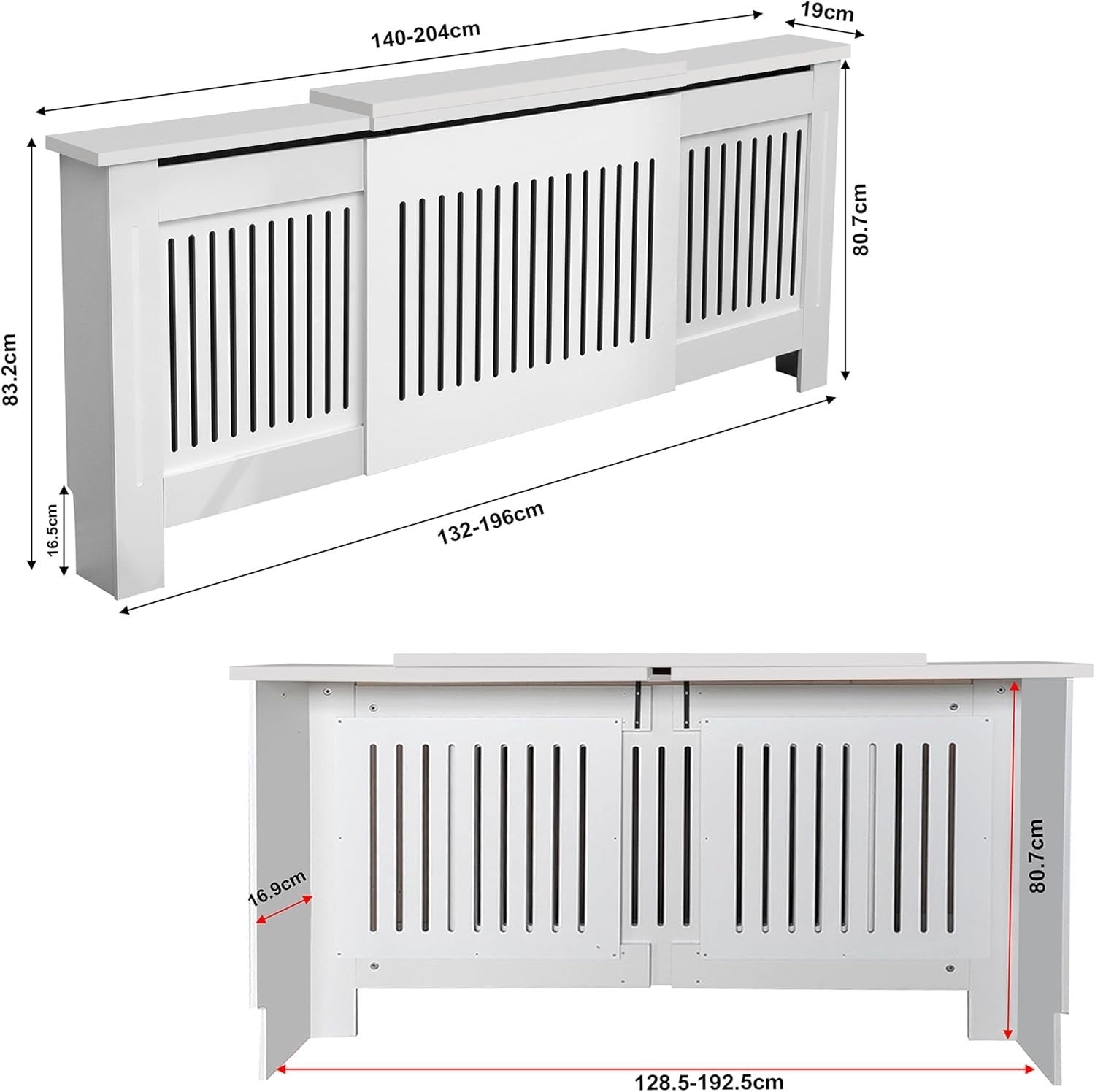 Adjustable White Radiator Cover Cabinet | MDF Wood Slatted Heating Shelf