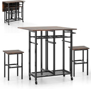 3-Piece Folding Dining Table & Stools Set with Wine Rack Storage Brown