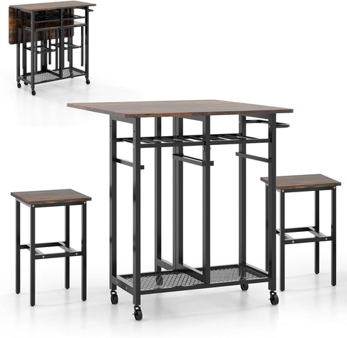 3-Piece Folding Dining Table & Stools Set with Wine Rack Storage Brown