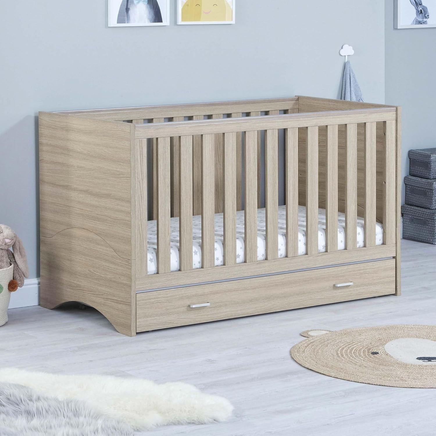 Convertible Baby Cot Bed with Drawer Toddler Bed Adjustable Mattress Height Oak